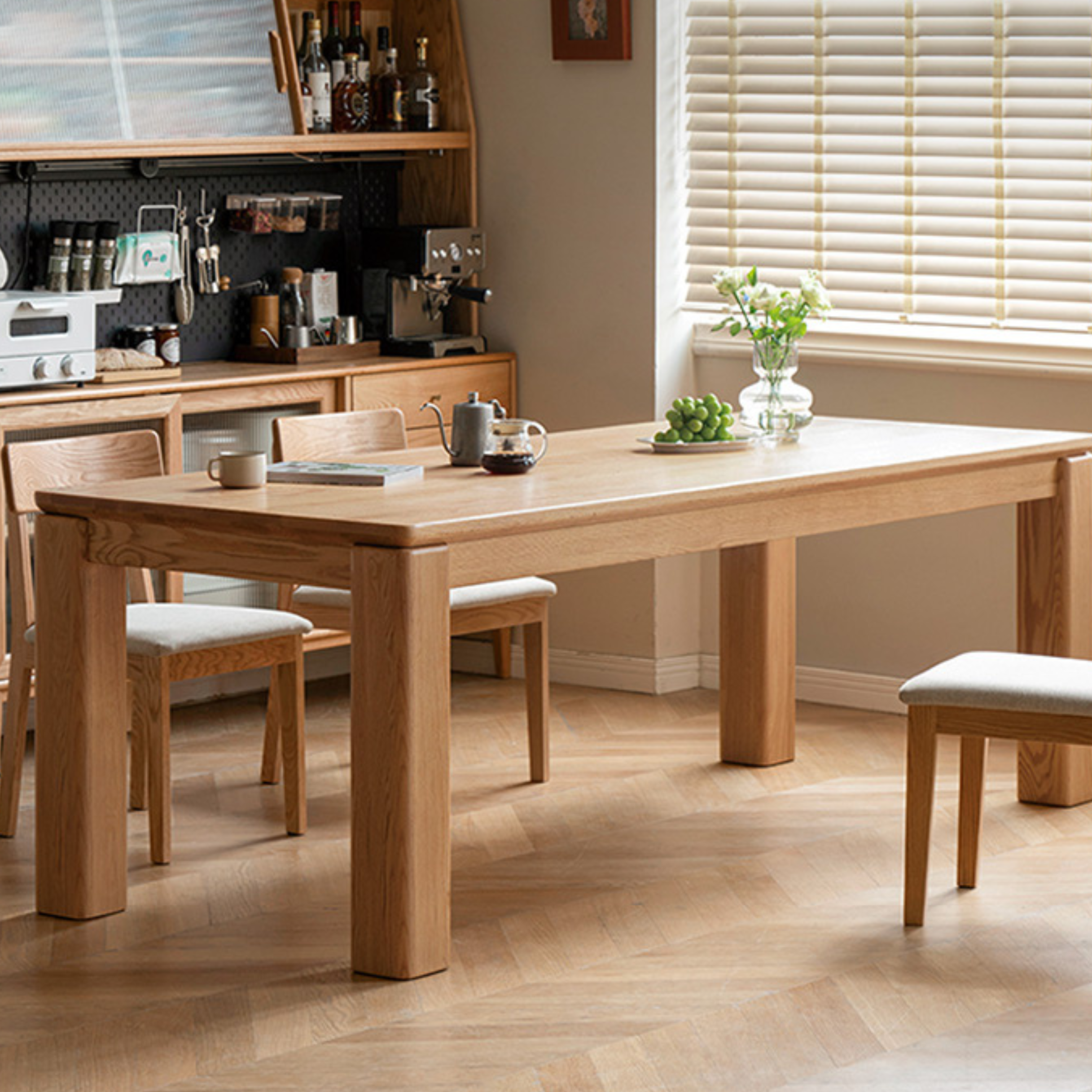 Solid Oak Wood Dining Table with Thick Legs - Rustic Farmhouse Style for Kitchen, Dining Room & Home Decor