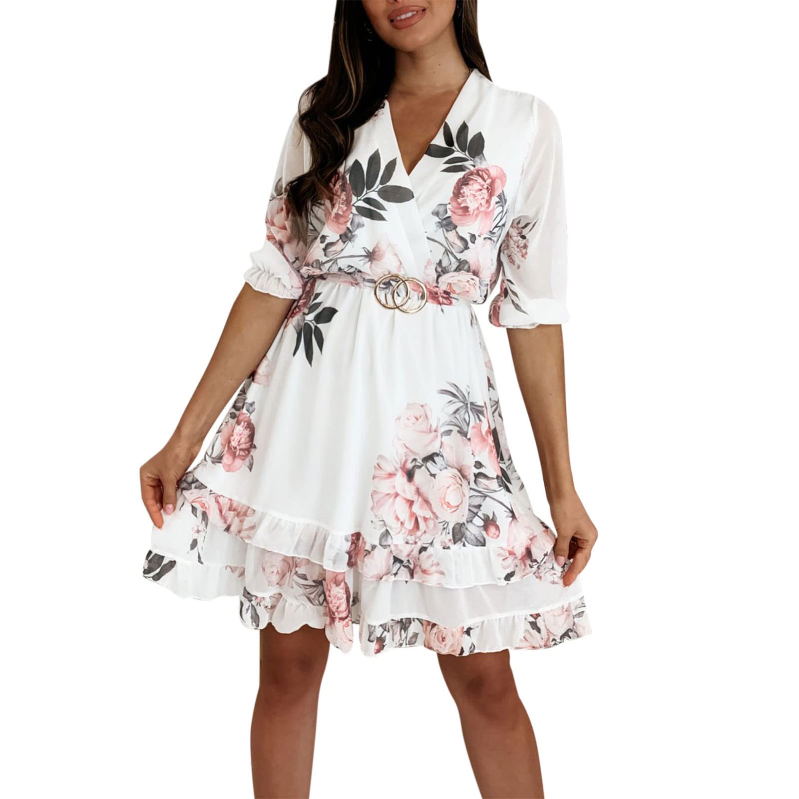 KKJJ Plus Size Summer Dresses for Women - Sexy V Neck Half Sleeve Printed Mini Short Dress | Beach Vacation, Date Night & Casual Outfit