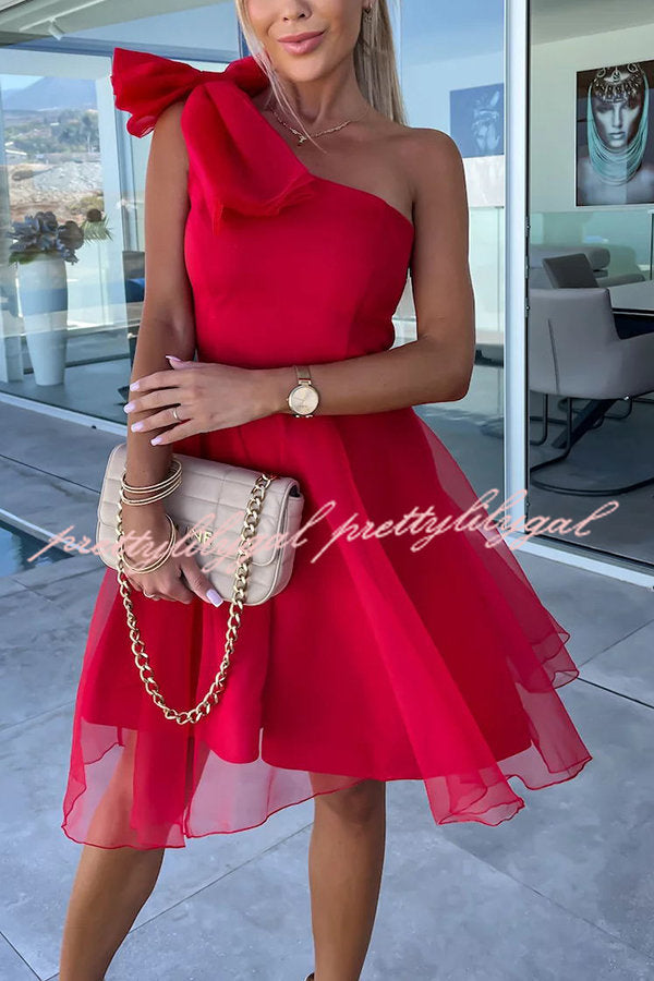 Lifetime Celebrations Tulle One Shoulder Bow Design Mini Dress - Elegant Party Dress for Prom, Wedding, Cocktail & Special Occasions