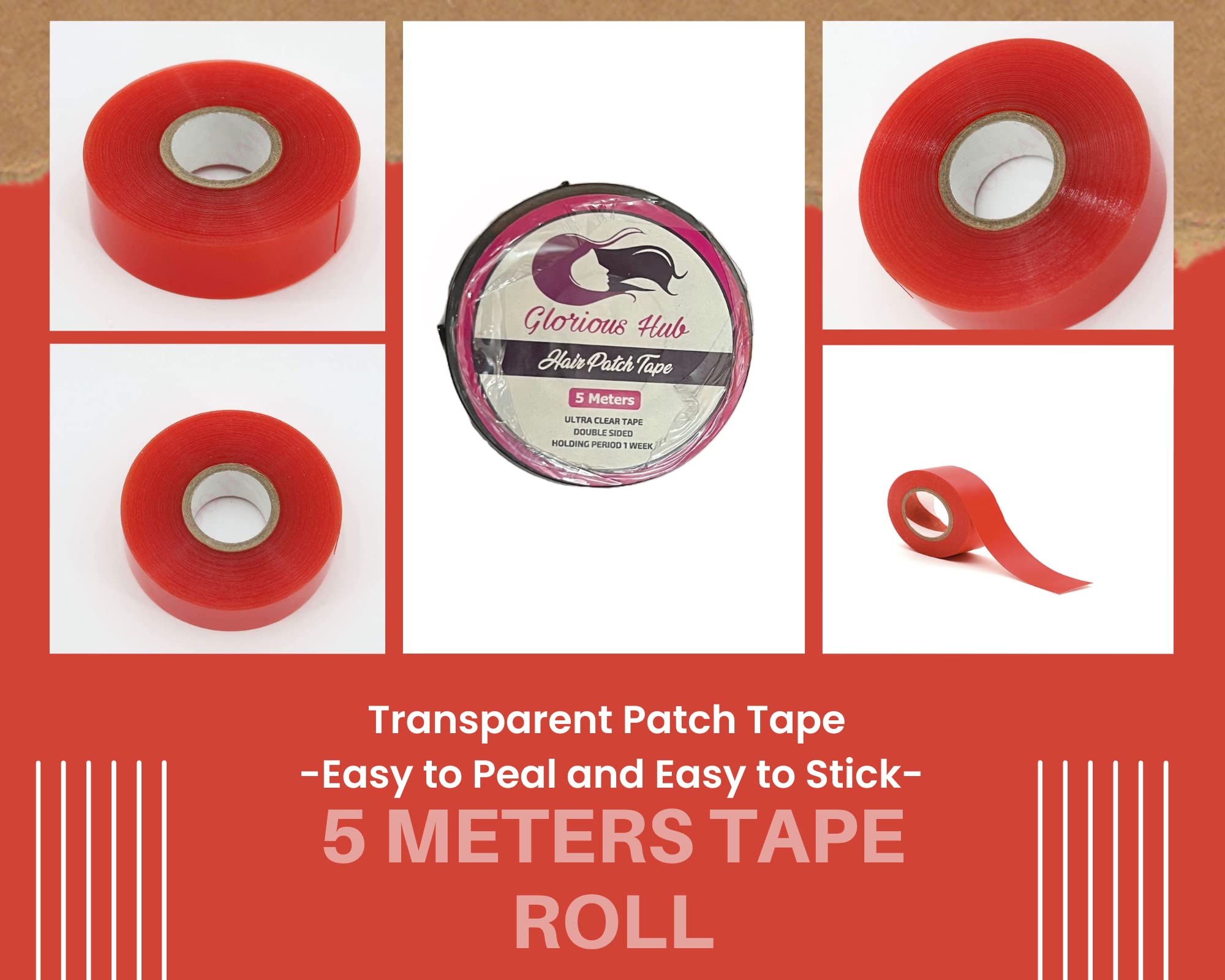 Glorious Hub 5M Red Transparent Hair Patch Tape for Men - Invisible, Waterproof, No Residue Hair Replacement System | Perfect for Daily Use, Cosplay & Quick Hair Fixes