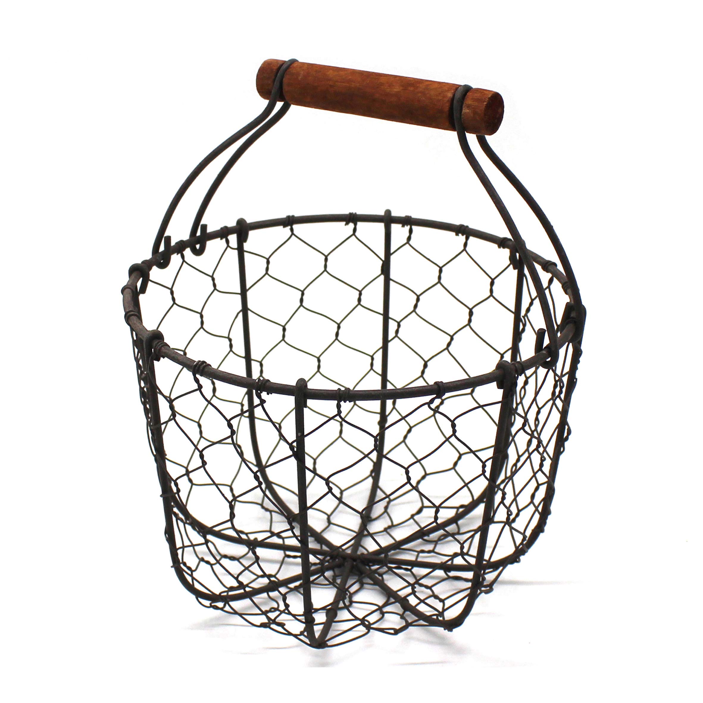 Vintage Round Chicken Wire Egg Basket with Wooden Handle - Rustic Fruit Gathering Basket for Farmhouse Kitchen Decor | Perfect for Farmers Market, Picnics & Home Storage