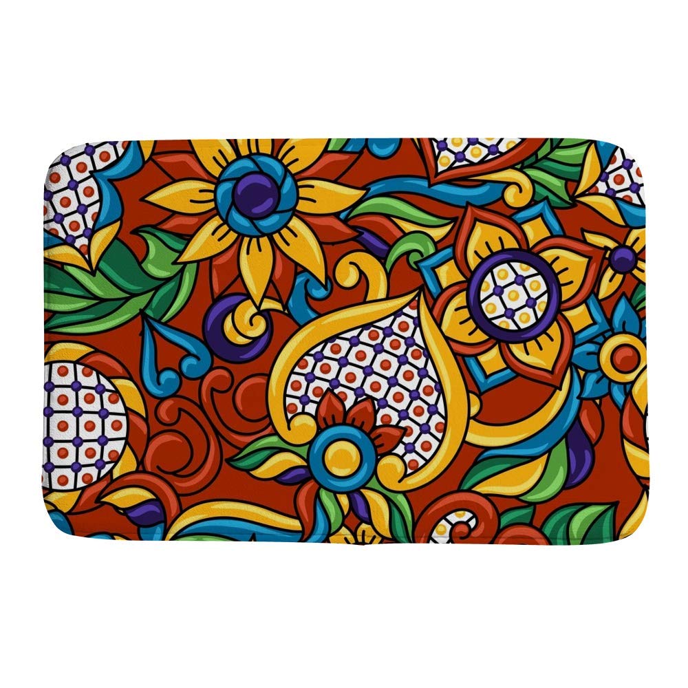 Non-Slip Water Absorbent Bath Rug - Coral Velvet Bathroom Mat with Memory Foam, Machine Washable, Mexican Talavera Ethnic Folk Design, 23.6x15.7 Inch - Perfect for Bathroom, Shower, and Vanity Areas