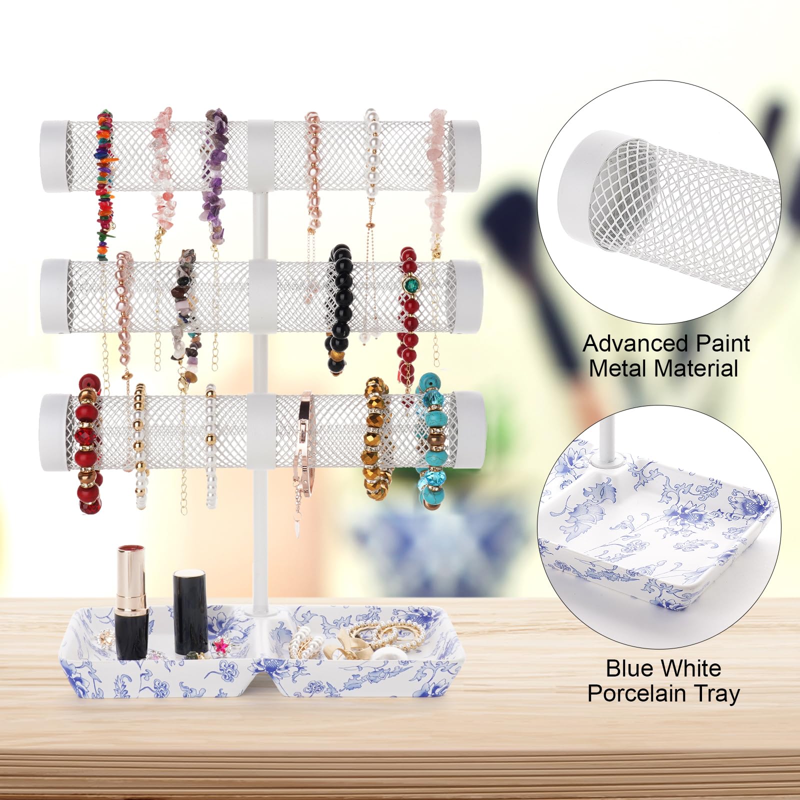 3-Tier Bracelet Holder & Jewelry Organizer Stand - Display Bracelets, Earrings, Necklaces, Watches & Scrunchies - Elegant Porcelain Ring Tray - Perfect Gift for Women (Home Decor, Boutique Display, Jewelry Storage)