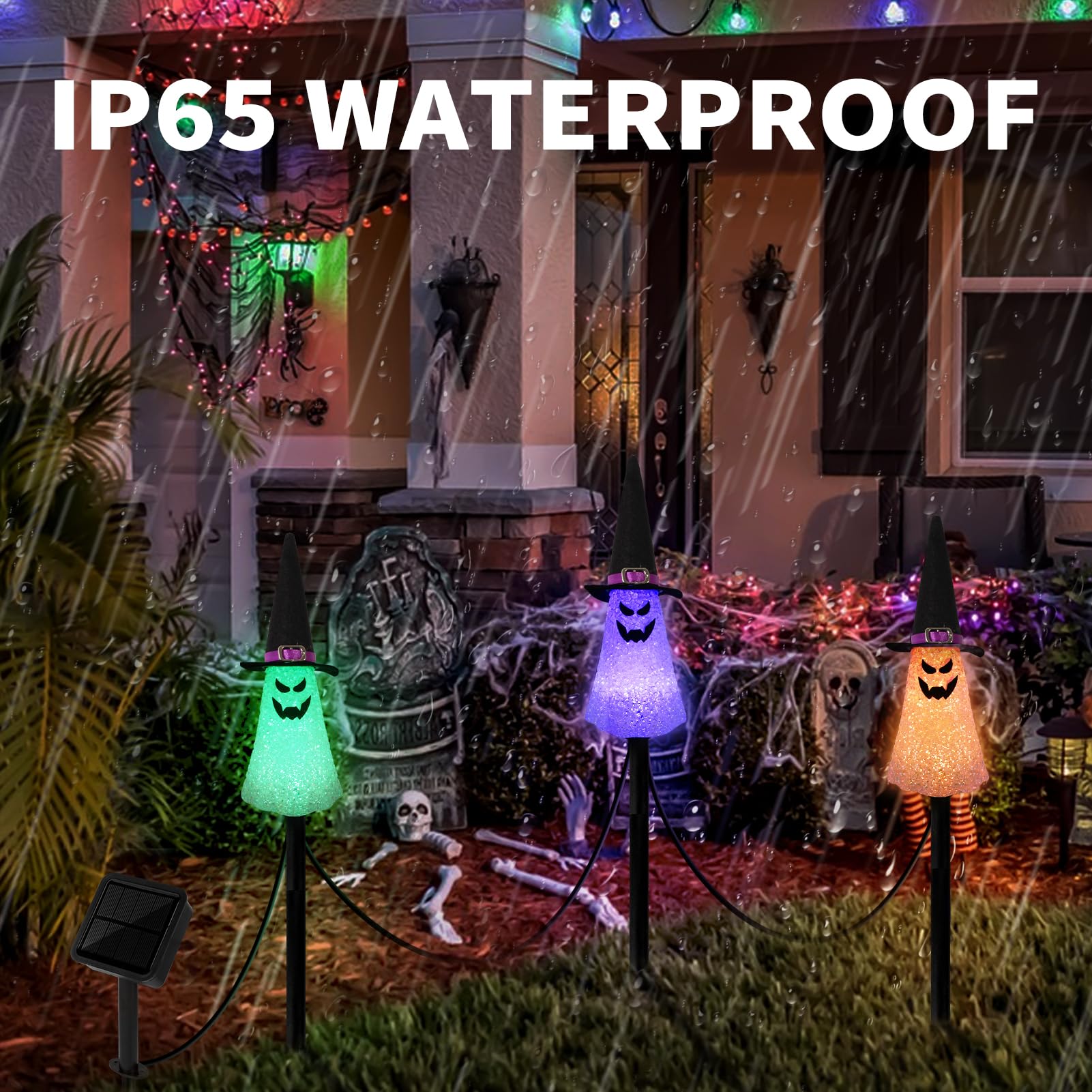 LIGHTSHINE 3PCS Solar-Powered Ghost Halloween Decorations - Orange Purple Green Pathway & Garden Stake Lights for Outdoor Yard, Patio, Porch | Spooky Halloween Party & Nighttime Landscape Lighting