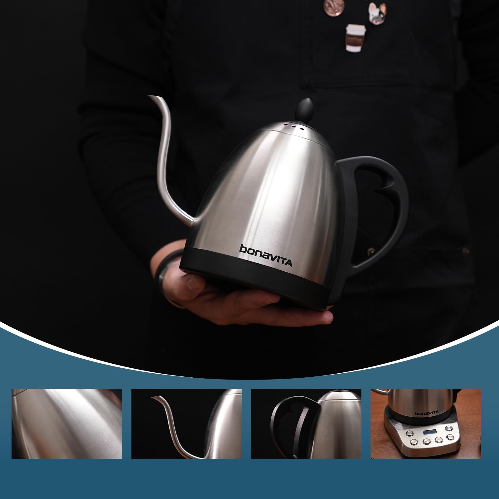 Bonavita Gooseneck Electric Kettle - 1L Stainless Steel Water Boiler with Digital Temperature Control & 6 Presets | Perfect for Pour-Over Coffee, Tea, French Press & Home Brewing | Fast Heating & Precise Pouring for Coffee Shops, Cafés & Kitchen Use