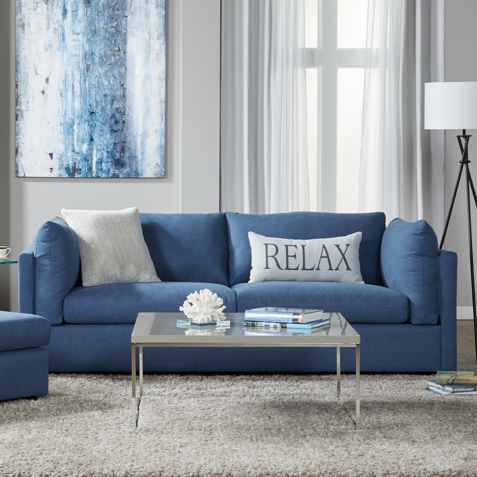 Roundhill Furniture Enda Pillow Back Fabric Sofa and Cuddler Chair Set - Navy Blue Living Room Collection for Cozy Family Gatherings & Relaxation