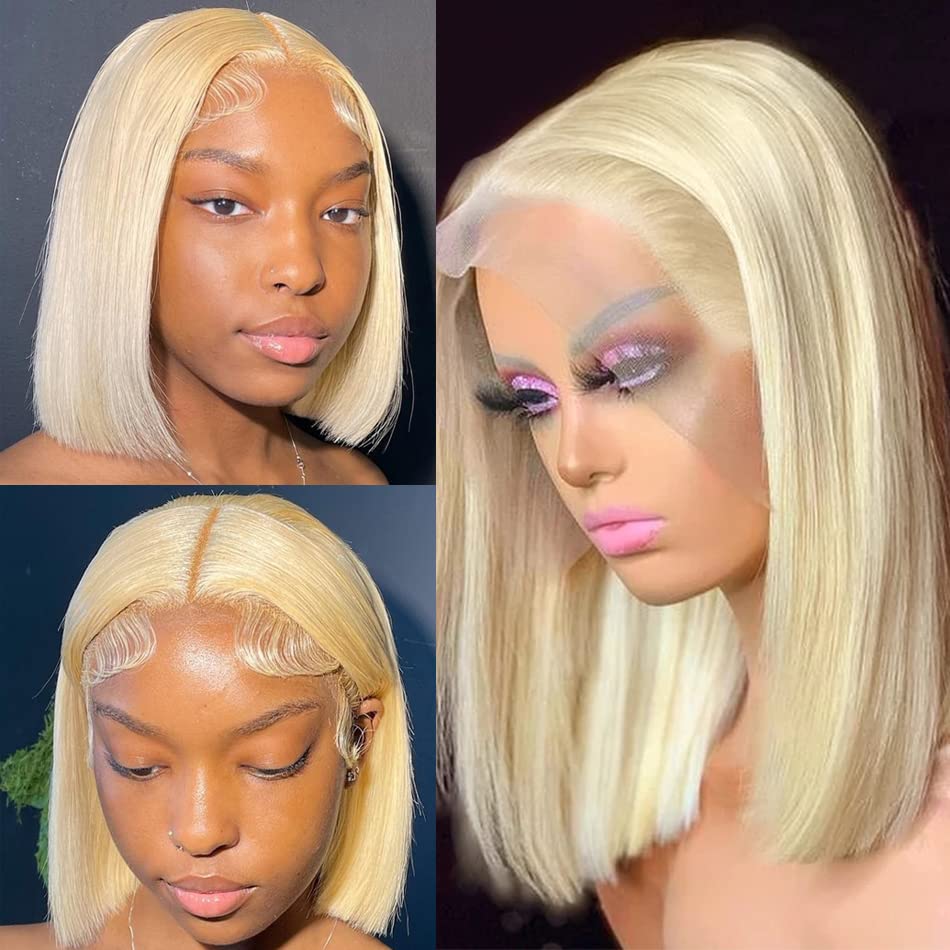 613 Blonde Bob Wig - Virgin Human Hair, Pre Plucked, 10 Inches, Silky Straight, 13x1 Lace Front with Baby Hair, Middle Part, 150% Density, Bleached Knots - Perfect for Women's Daily Wear, Cosplay, and Special Occasions