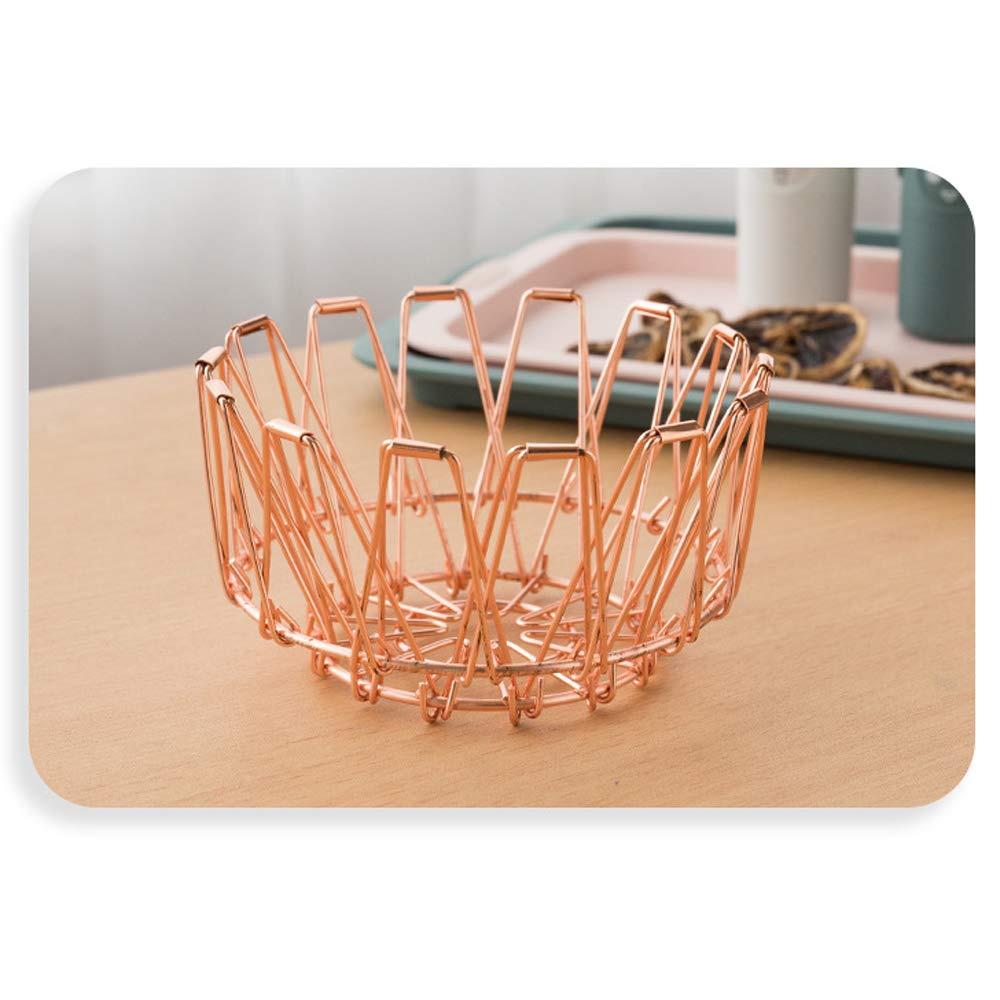 V-HOME Flexible Rose Gold Wire Fruit Basket - Modern Geometric Kitchen Countertop Storage Bowl for Fruits, Bread & Decorative Items | Perfect for Dining Table Centerpiece, Pantry Organization & Home Decor