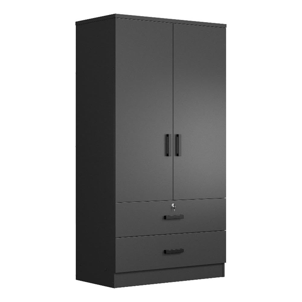 Better Home Products Grace Wood 2-Door Wardrobe Armoire with 2 Drawers - Black Wooden Closet for Bedroom Storage & Organization