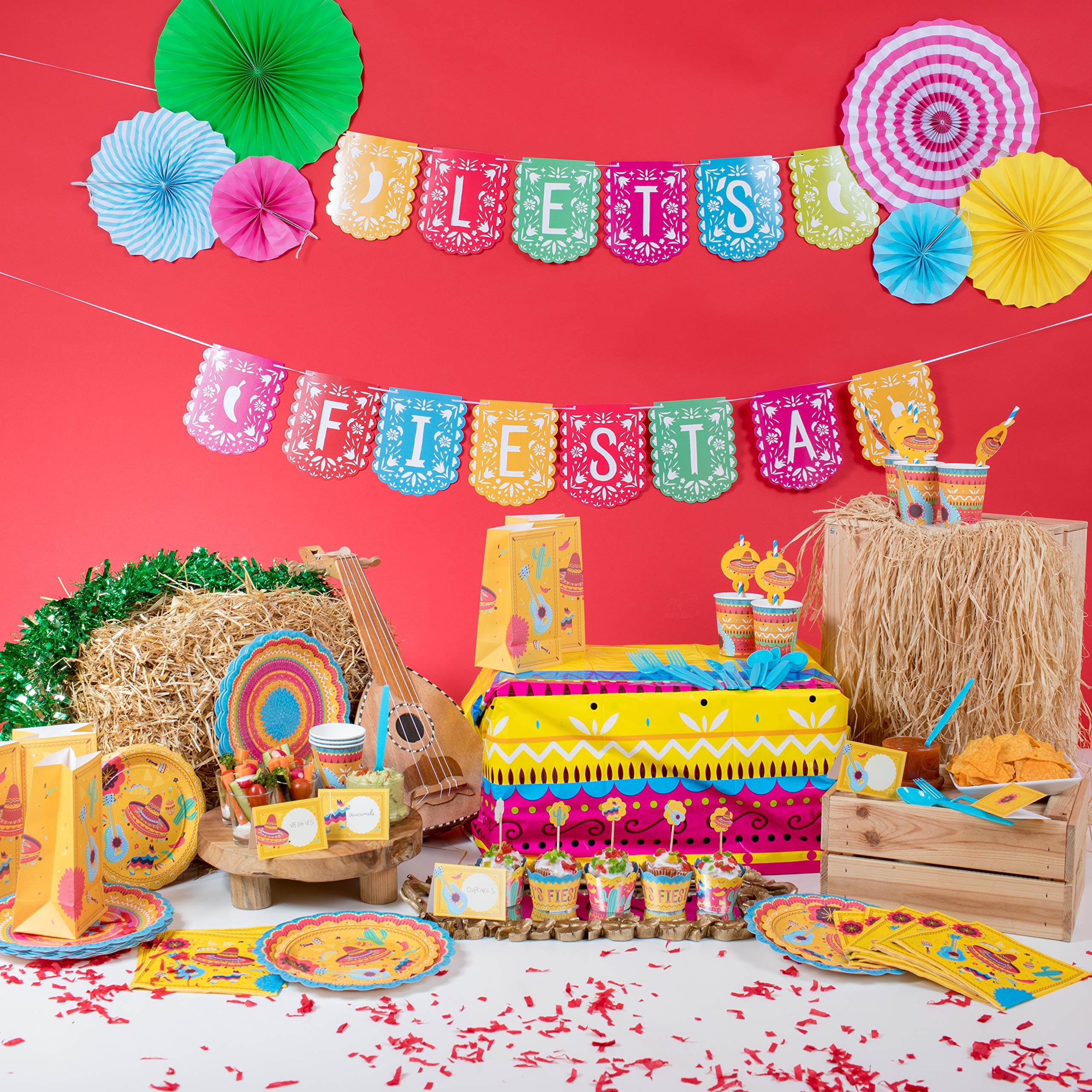 Vibrant Mexican Fiesta Party Supplies Set - 16 Large Dinner Plates, 16 Dessert Plates, 16 Cups & 16 Napkins | Perfect for Cinco de Mayo, Birthday Parties, Taco Nights & Themed Celebrations | Durable Disposable Tableware for Outdoor Gatherings & Family Events