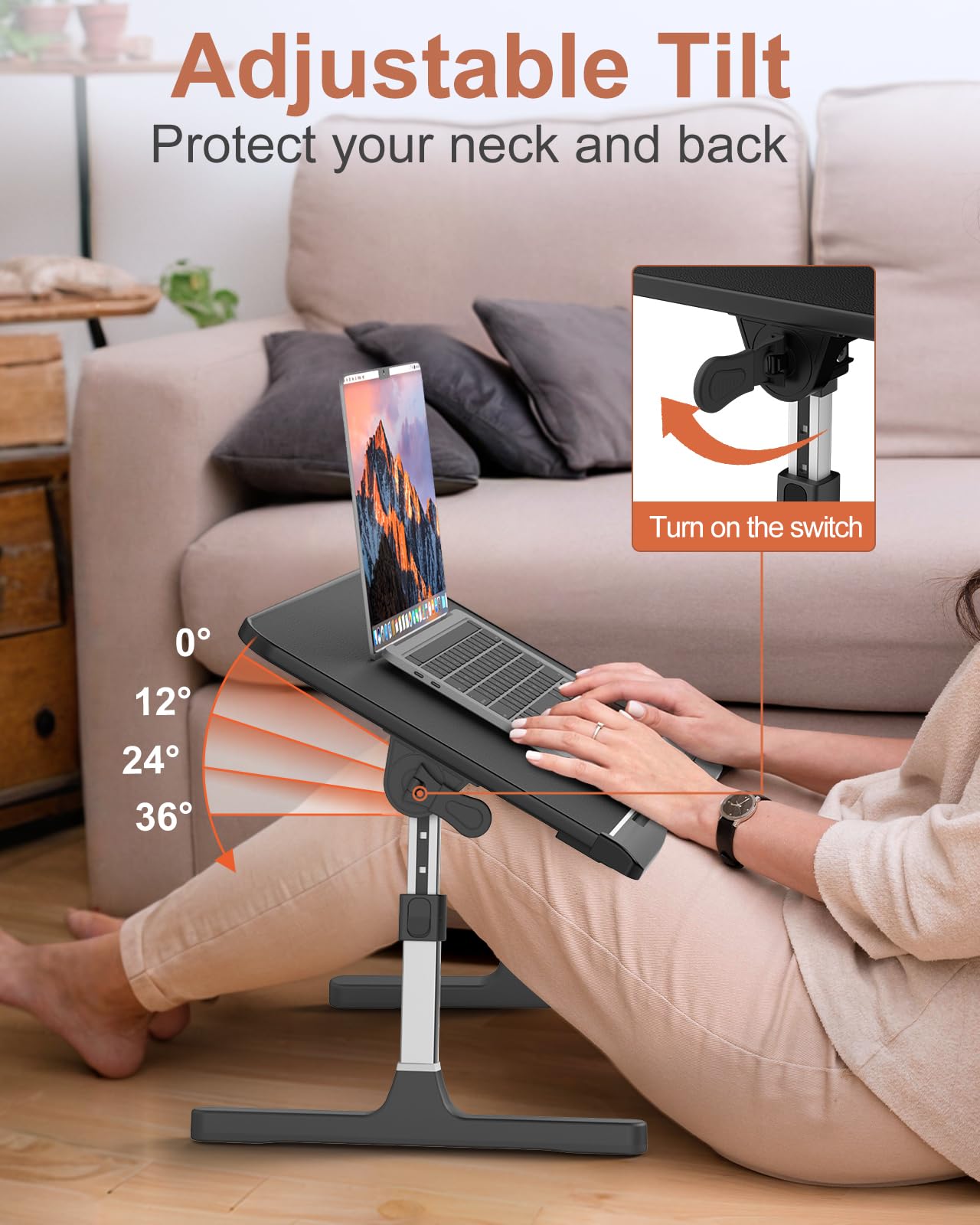 Adjustable Laptop Bed Desk - Foldable Leather Bed Table Tray with Removable Stopper - Portable Laptop Stand for Working, Writing, Drawing & Eating on Couch, Floor or Bed - Perfect for Home Office, Dorm Room & Travel (Black, 21.65