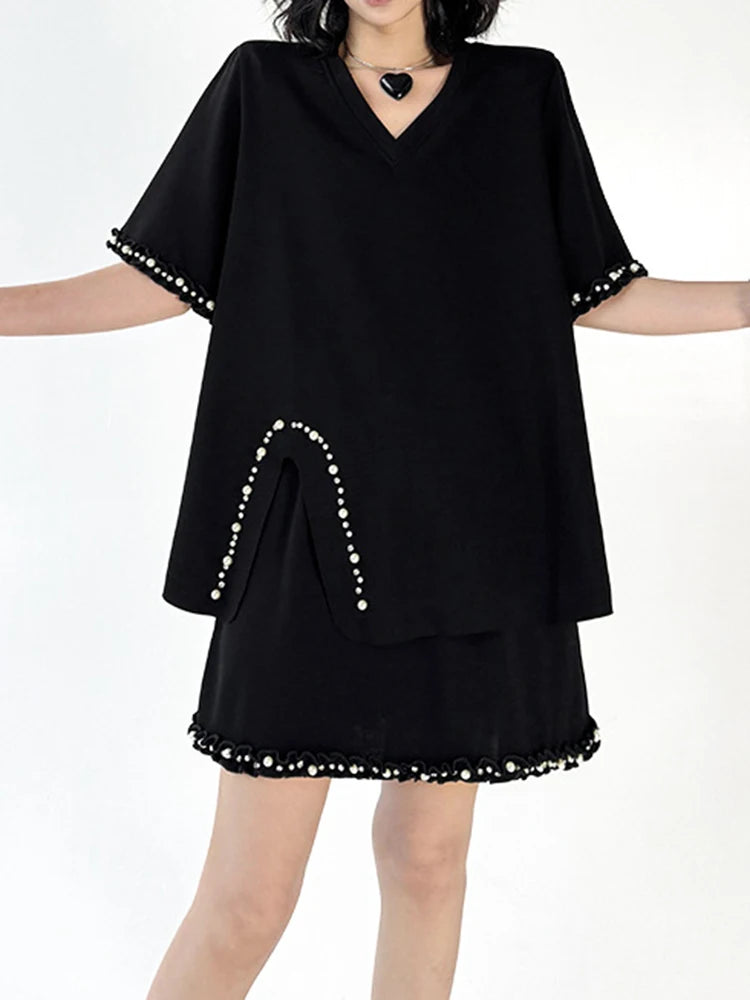 Black Pearl Print T-Shirt & Mini Skirt 2-Piece Set - Round Neck Short Sleeve Women's Fashion Outfit for Spring Summer 2025 | Casual Wear, Street Style, Party Outfit