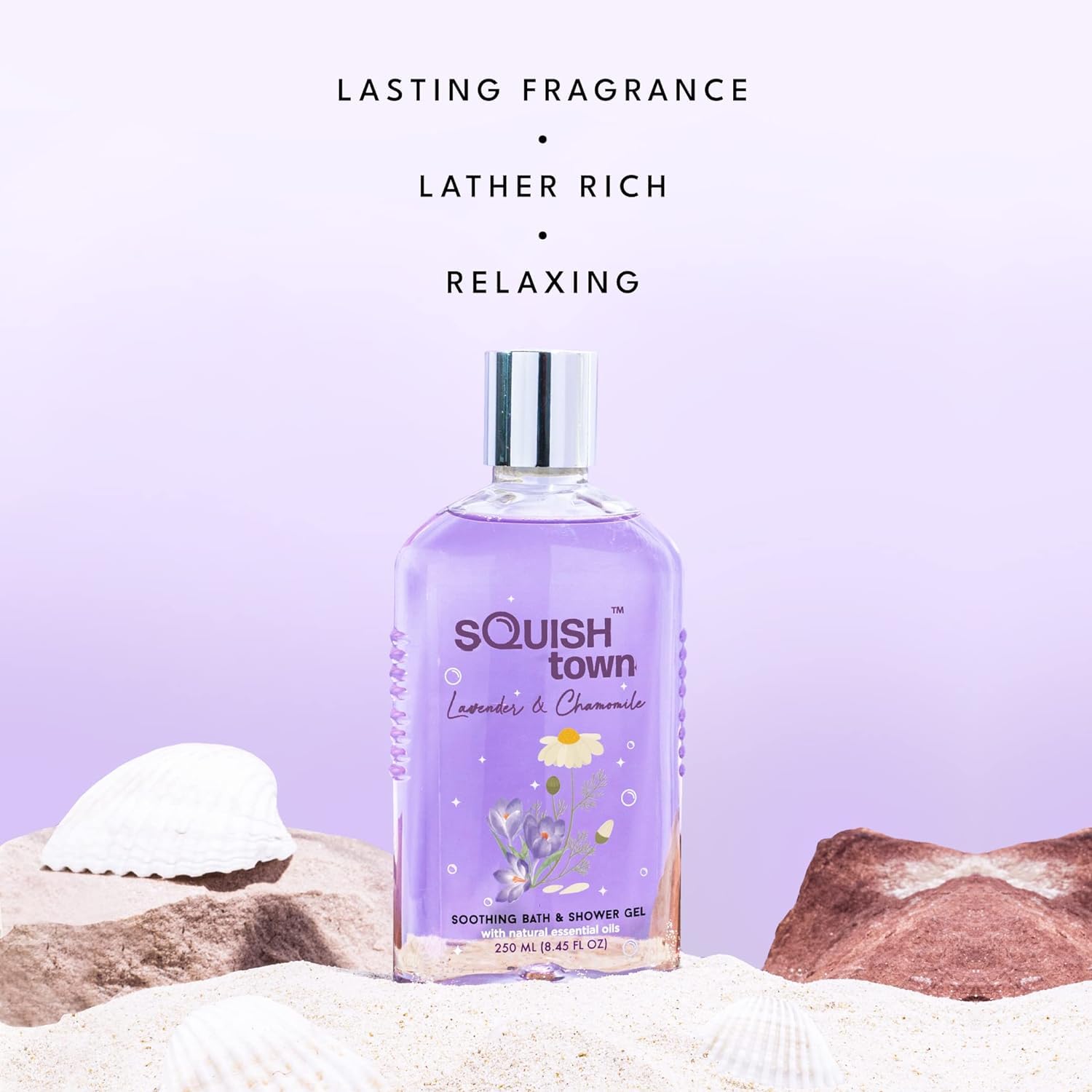 Sq'uishtown Lavender & Chamomile Soothing Bath & Shower Gel - Natural Essential Oils Aromatherapy for Relaxation | 8.5oz (250ml) | Unisex Body Wash for Stress Relief & Better Sleep | Perfect for Spa Nights & Self-Care Routines