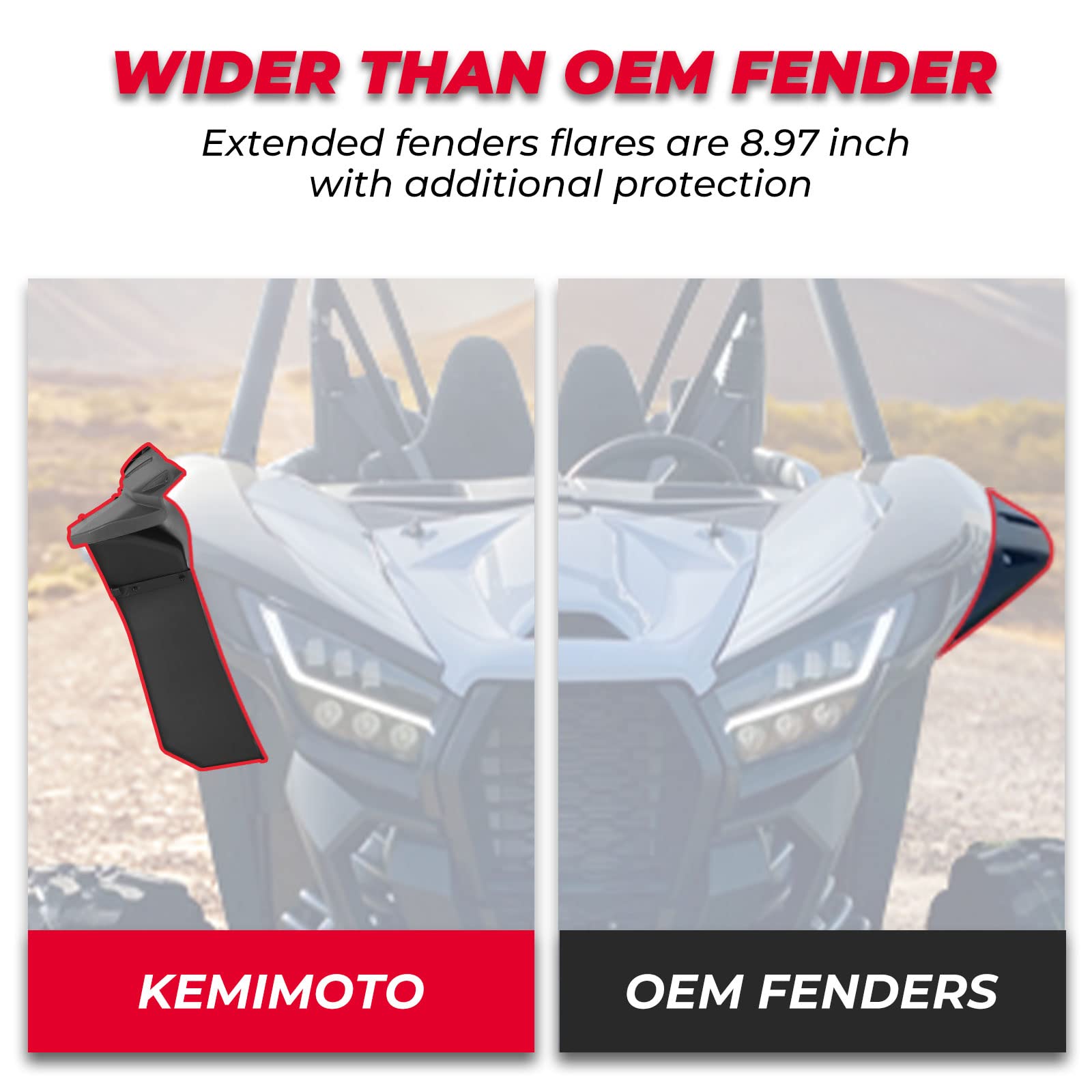 KEMIMOTO UTV Wide Fender Flare Set for Kawasaki Teryx KRX 1000 (2020-2025) | Heavy-Duty HDPE Extended Front & Rear Fenders | XXL Mud Guards | 4-Piece Replacement Accessories (Fits OEM 99994-1324) | Off-Road Protection & Enhanced Style