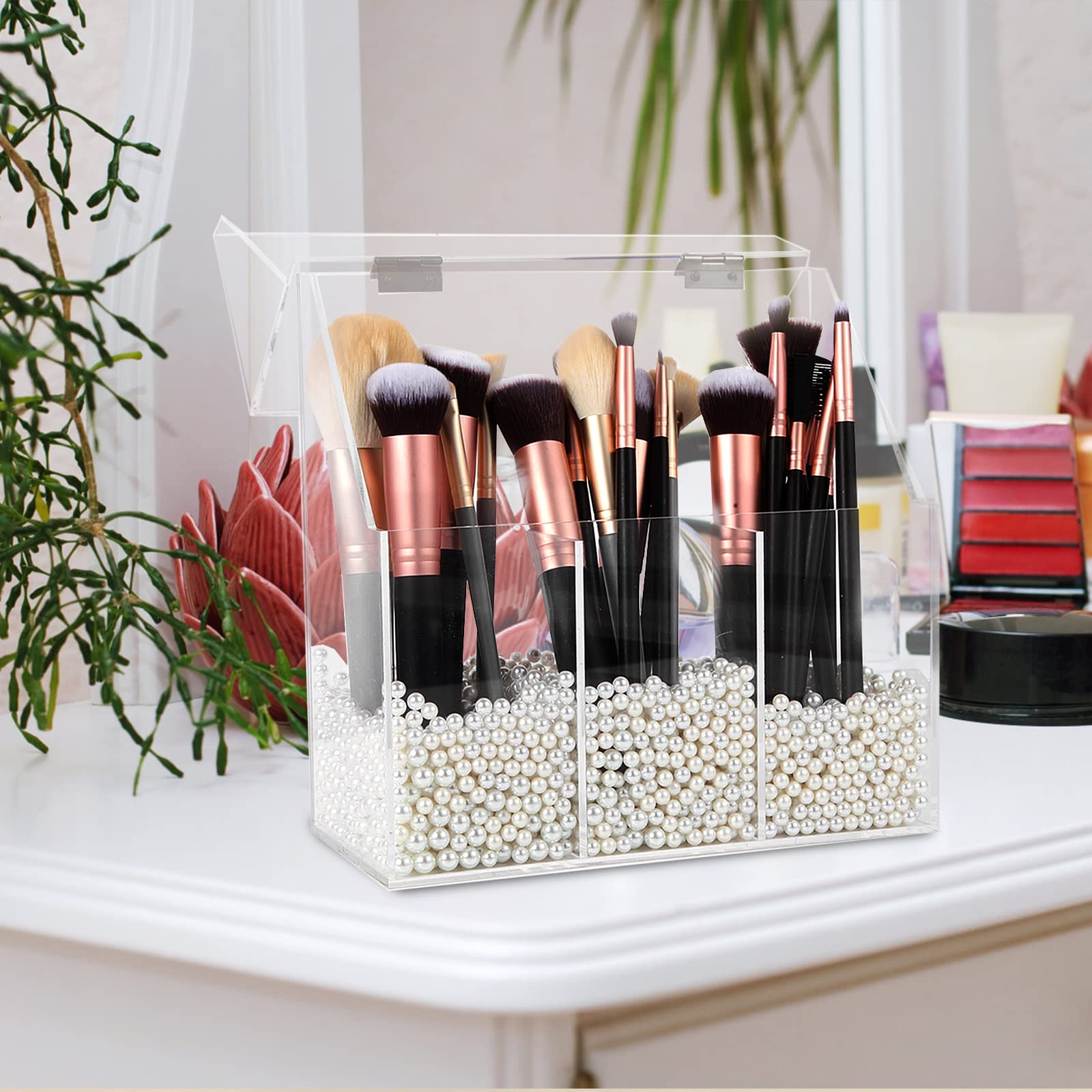 Clear Acrylic Makeup Brush Holder with 3 Compartments & Dust Cover - Large Capacity Cosmetic Organizer for Vanity Desk | Perfect for Makeup Artists & Beauty Enthusiasts