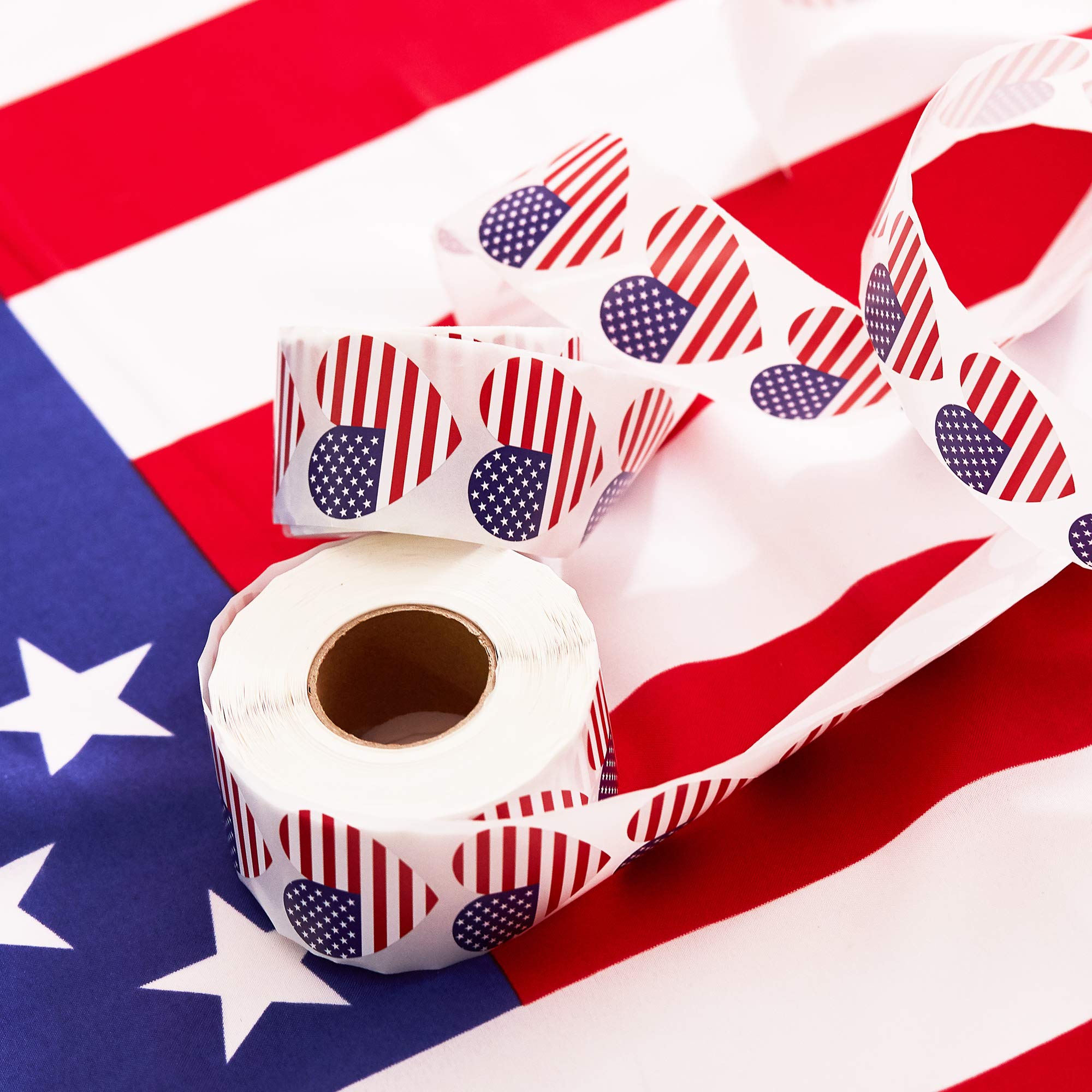 500-Count Patriotic USA Flag Stickers - 1.25 x 2.125 Inch Heart Shaped American Flag Decals for Laptops, Water Bottles & DIY Crafts - Perfect for 4th of July, Memorial Day & Patriotic Events