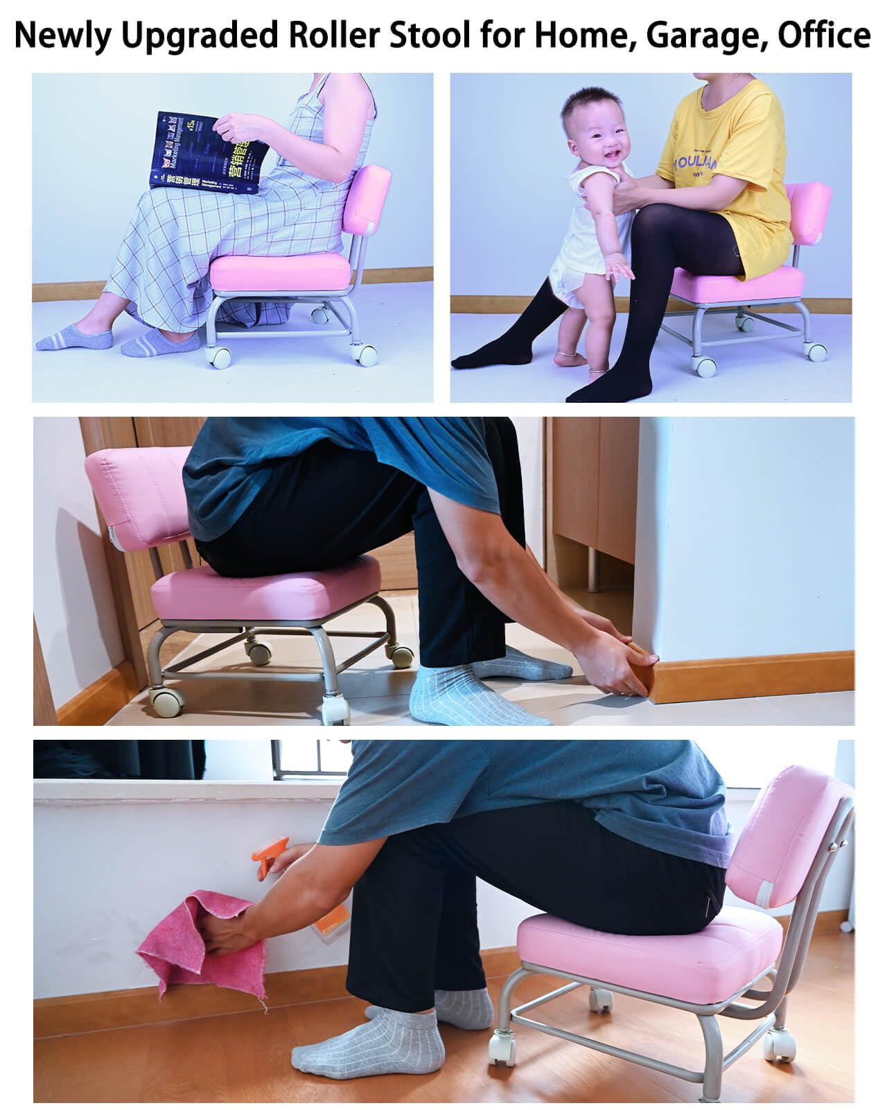 Heavy Duty Rolling Stool with Backrest & Wheels - Adjustable Rolling Chair for Office, Garage, Mechanic, Floor Cleaning | Ergonomic Support for Home & Workshop Use