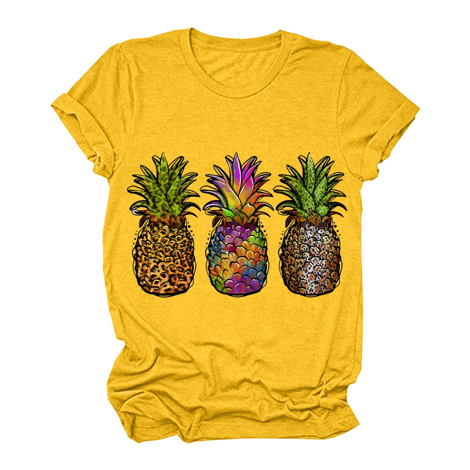 Dry Fit Women's Casual Pineapple Print Round Neck Short Sleeve T-Shirt - Breathable Moisture Wicking Workout Top for Gym, Yoga & Summer Outfits