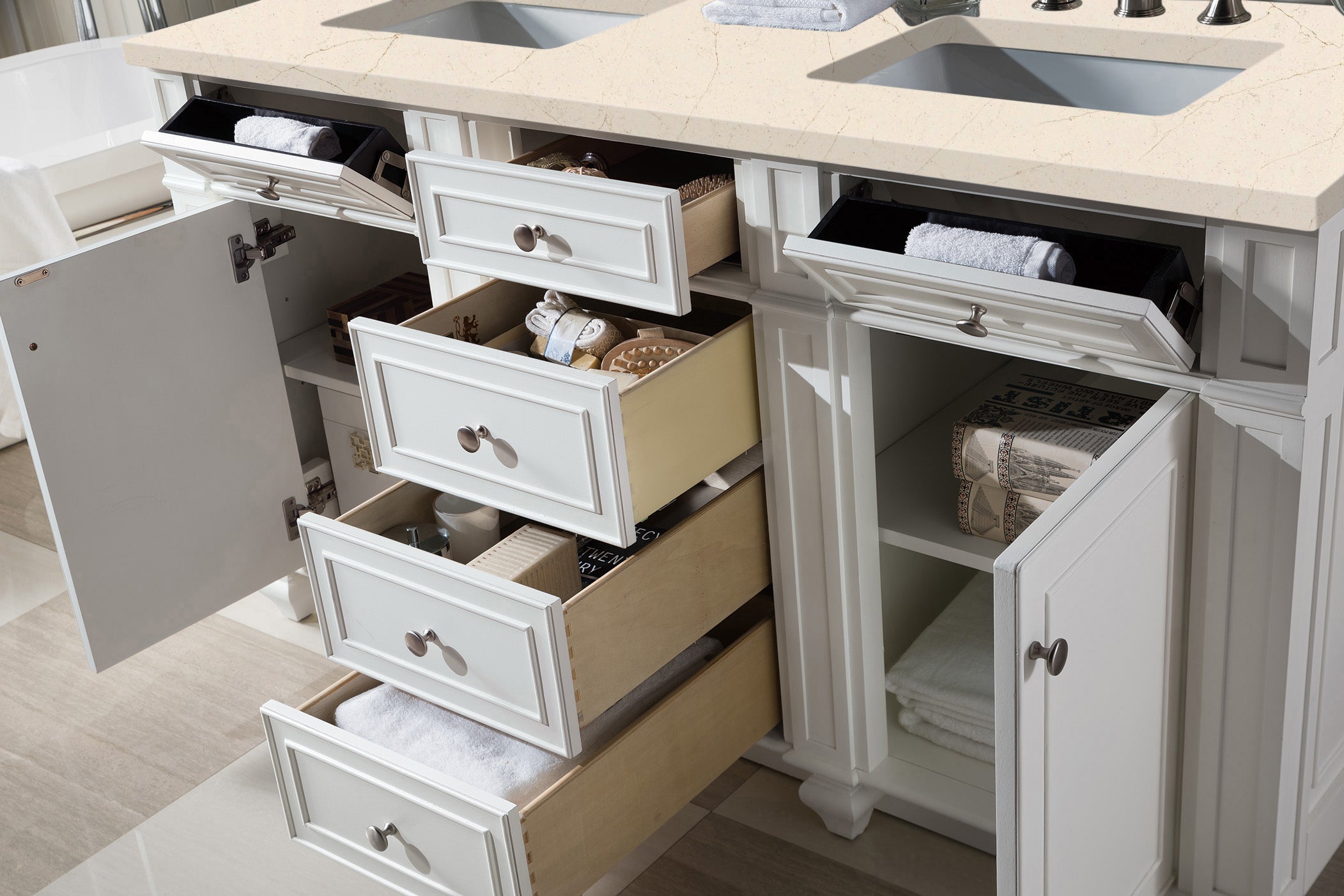 Bristol 60 Inch Double Vanity with 3CM Eternal Marfil Quartz Top in Bright White - Perfect for Modern Bathroom Renovations & Master Suite Upgrades