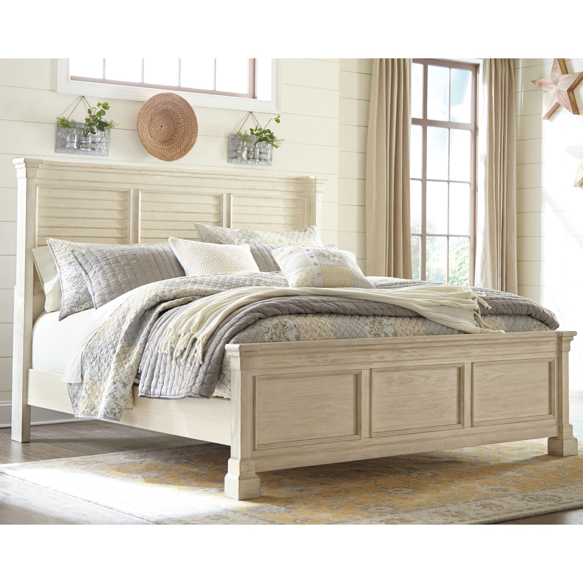 Bolanburg Louvered Panel Bed - Modern Wooden Slatted Headboard Queen Size Bed Frame for Bedroom, Guest Room & Dorm - Sturdy Platform Bed with Underbed Storage Space