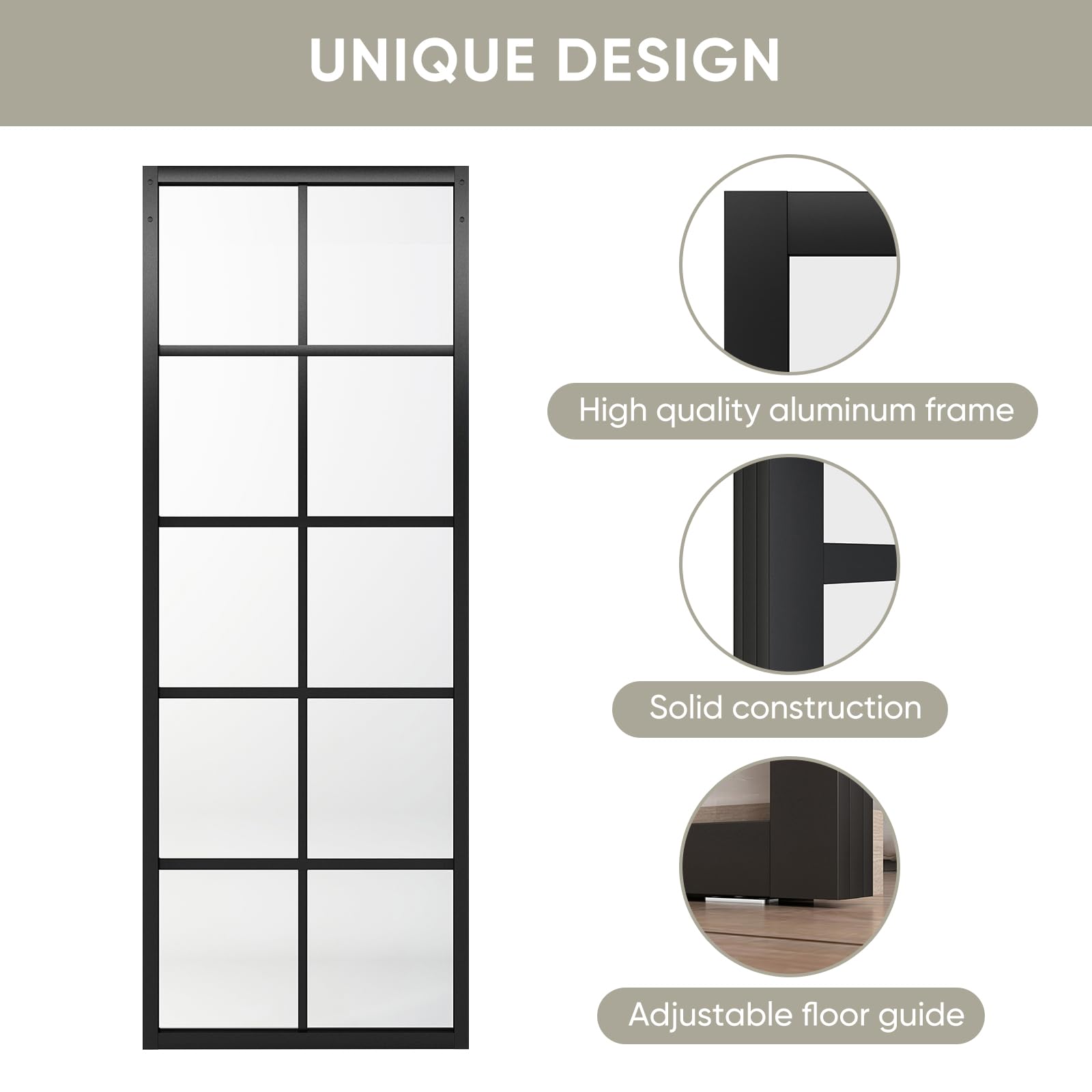JUBEST 30x84 Inch DIY Glass Sliding Barn Door - Modern French Style with 5-Lite Clear Tempered Glass & Aluminum Frame - Easy Assembly for Closet, Kitchen, Bedroom, Office, and Home Renovation Projects