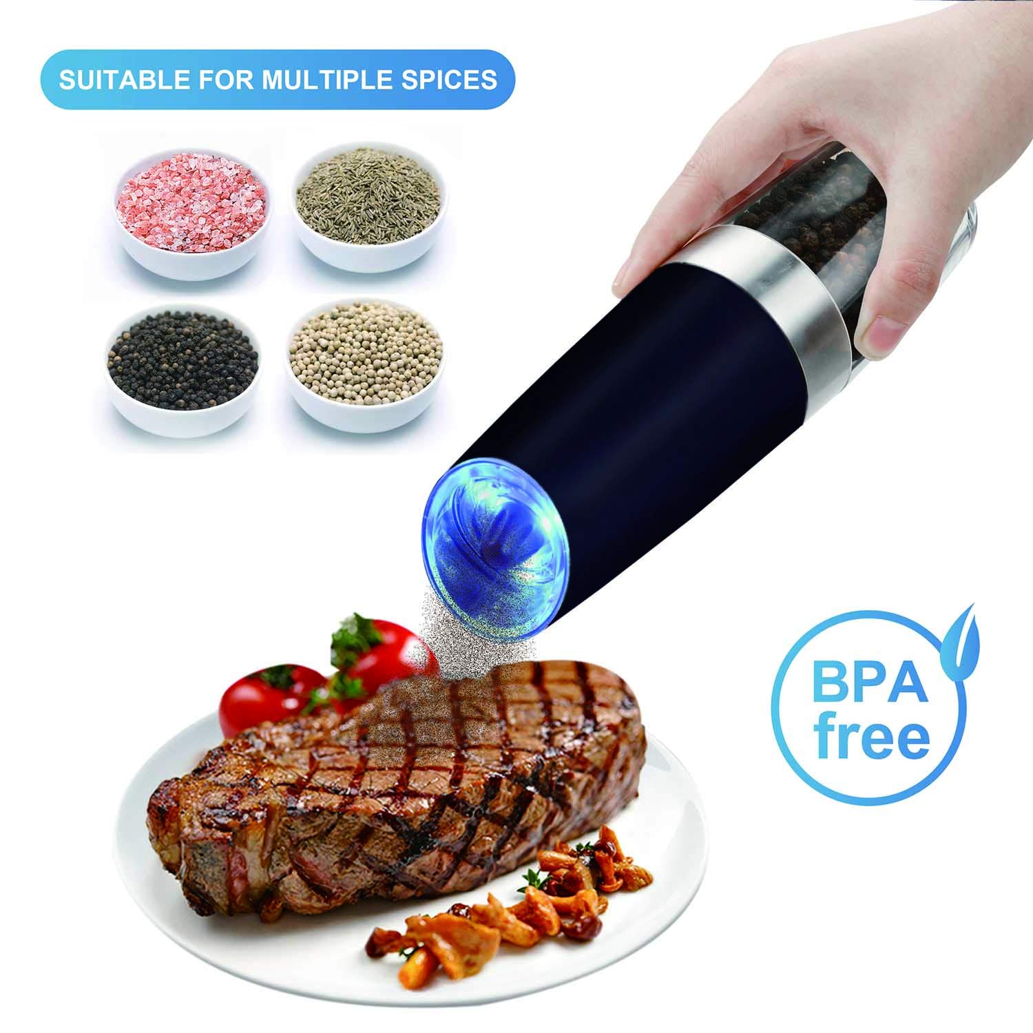 Premium Gravity Electric Pepper Grinder & Salt Mill - Battery Operated with Blue LED Light, One-Hand Operation, Adjustable Coarseness - Black Stainless Steel (Includes Spoon) - Perfect for Kitchen, Dining Table & Outdoor Cooking
