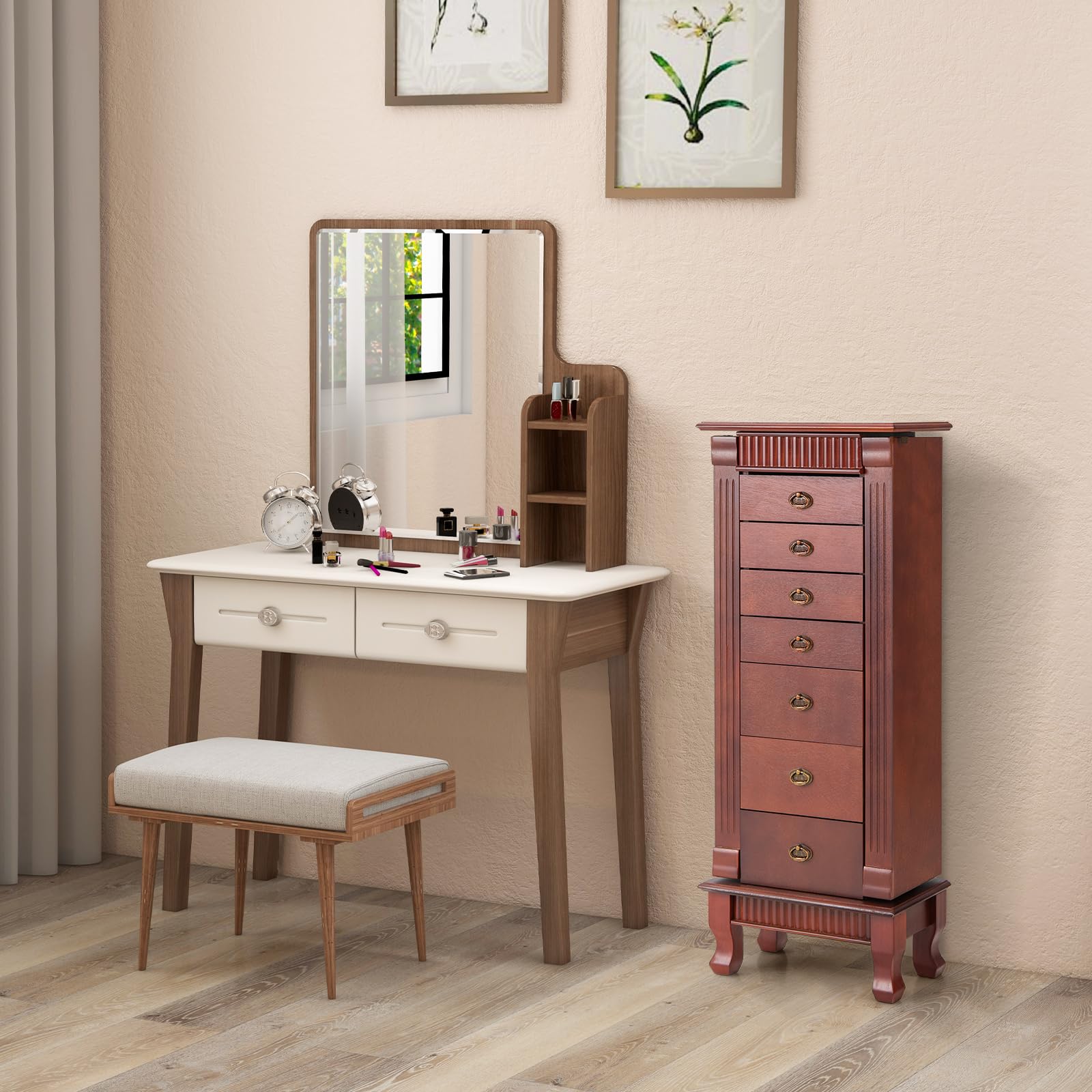 Giantex Large Standing Jewelry Armoire Cabinet with 7 Drawers & 2 Doors - Jewelry Storage Organizer with 12 Necklace Hooks, Makeup Mirror & Top Compartment - Perfect for Bedroom, Closet & Dressing Room Organization