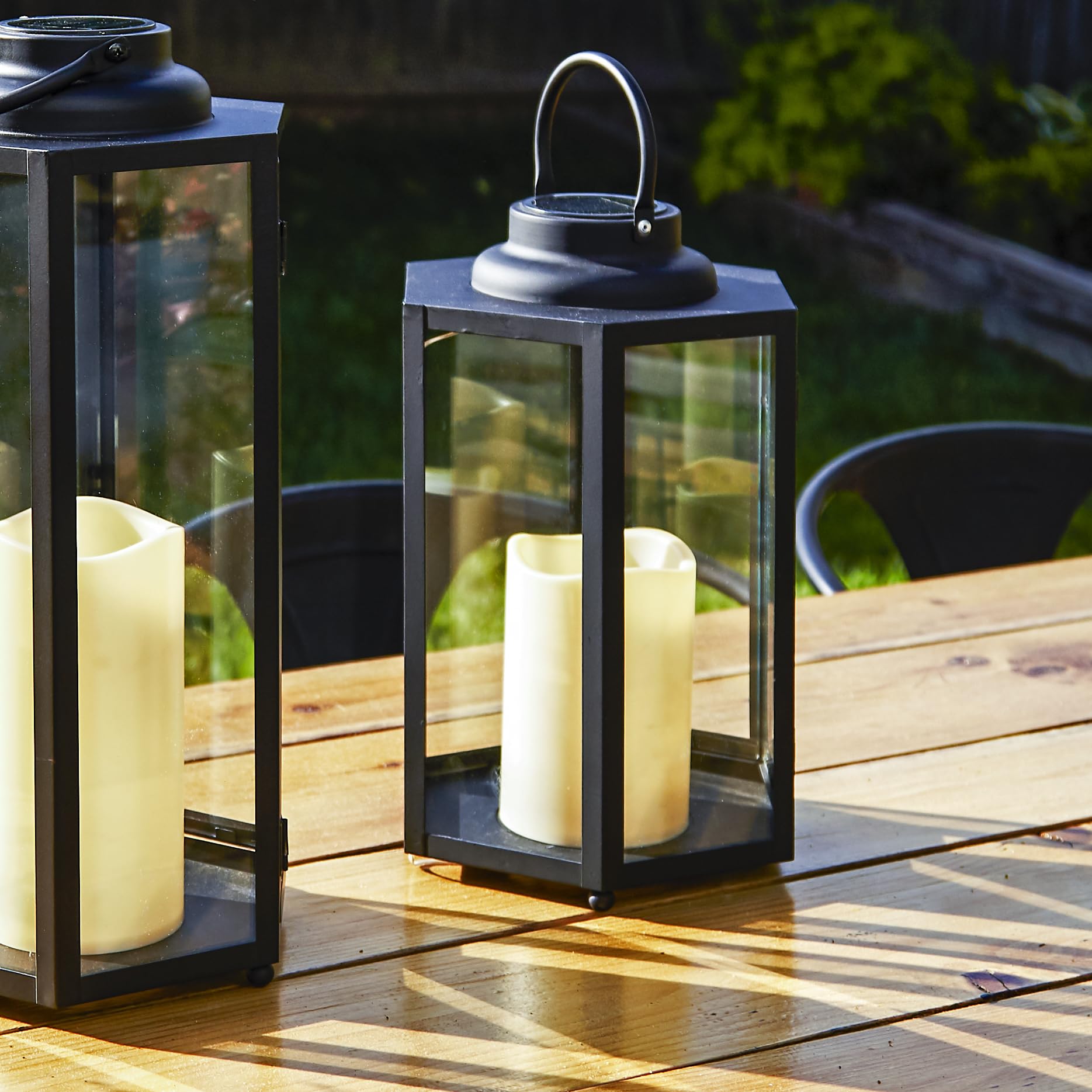 Outdoor Solar Powered Decorative Lantern with Flameless Candle - 14 Inch Black Metal & Glass Waterproof Hanging Light for Porch, Garden, Patio - Perfect for Evening Ambiance, Wedding Decor & Holiday Lighting