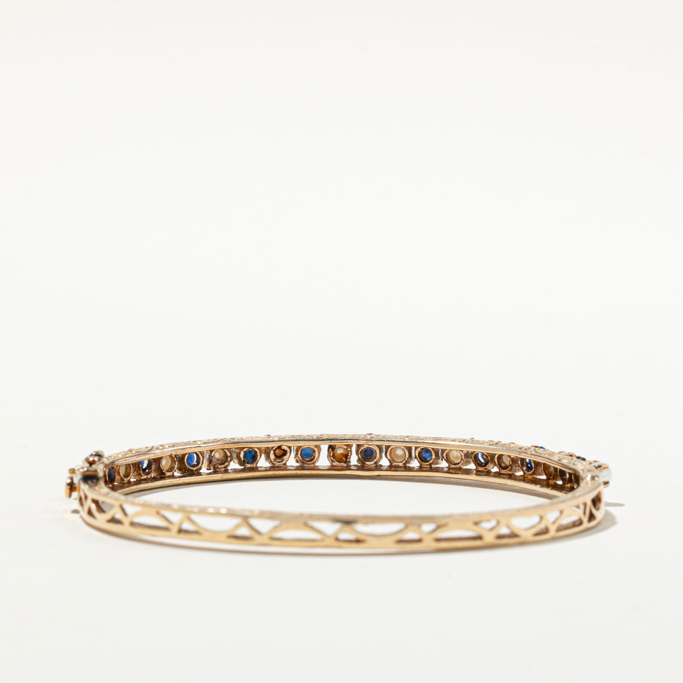 Vintage Blue Sapphire & Pearl Bangle Bracelet - 1.94ctw Gemstone Jewelry, 3.00-3.50mm Pearls - Elegant Gift for Women, Perfect for Weddings, Anniversaries & Special Occasions