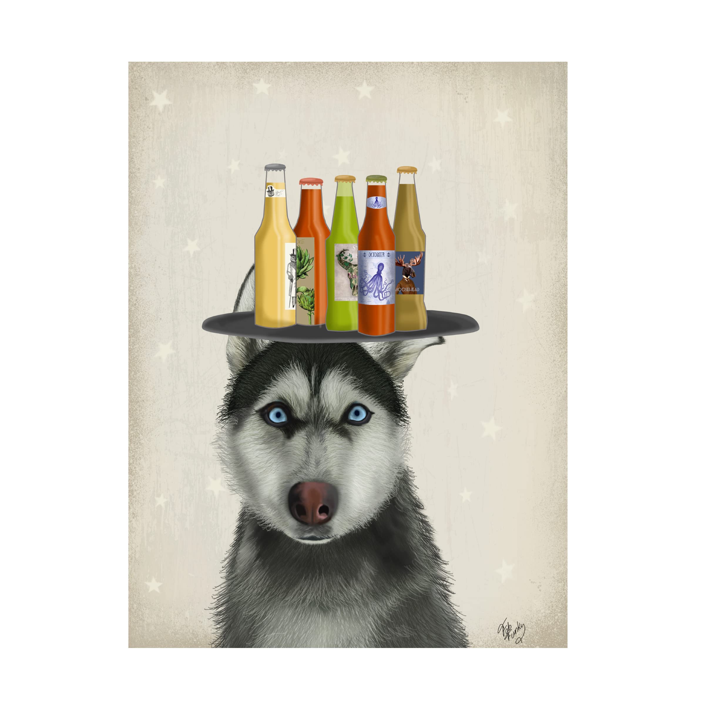 Fab Funky 'Husky 2 Beer Lover' Canvas Wall Art Print - Modern Home Decor for Living Room, Bar & Man Cave - Dog & Beer Enthusiast Gift Idea