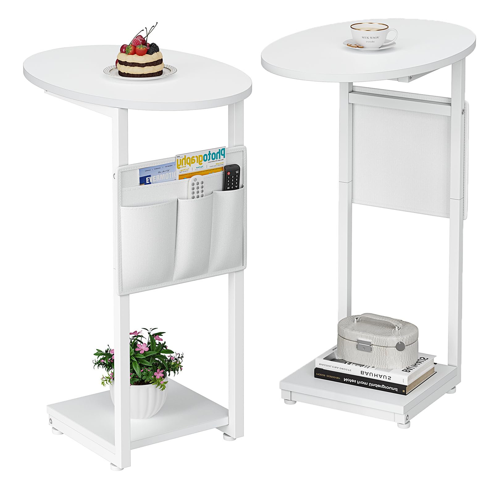 Vagusicc White C-Shaped End Table - Small Side Table for Couch & Sofa with Storage Bag, Round Living Room & Bedroom Side Table - Perfect for Small Spaces, Sliding Under Sofa as Tray Desk - Ideal for Reading Nook, TV Lounge & Apartment Decor