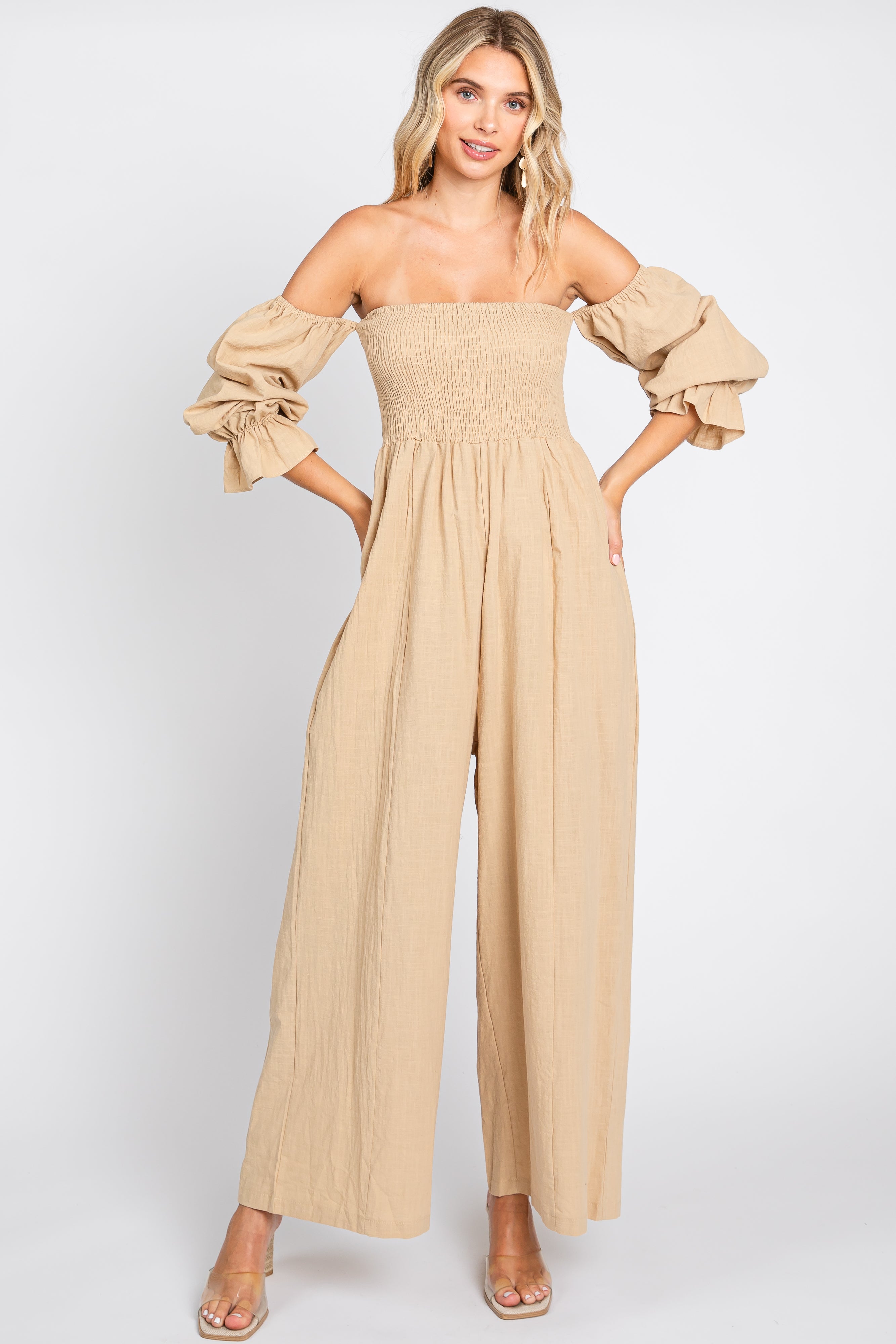 Beige Linen Smocked Off Shoulder Wide Leg Maternity Jumpsuit for Women - Comfortable Pregnancy Outfit for Summer, Beach, and Maternity Photoshoots