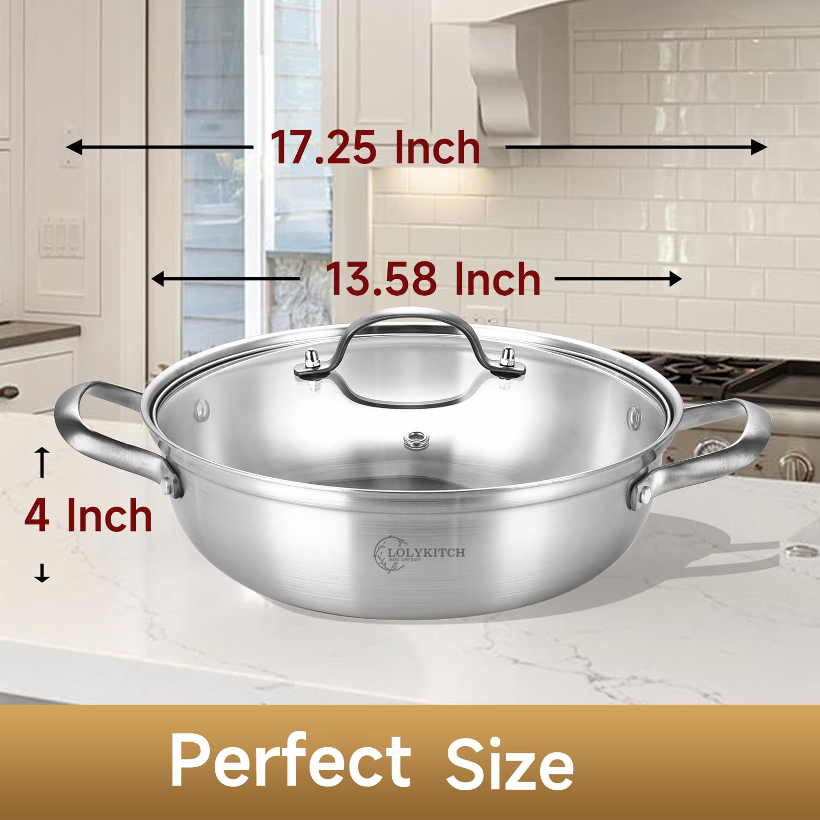 LOLYKITCH 14 Inch Tri-Ply Stainless Steel Sauté Pan with Lid - Induction Compatible, Oven & Dishwasher Safe (7 Quart) - Perfect for Frying, Sautéing & Everyday Cooking | Kadhai, Large Skillet, Jumbo Cooker for Home & Restaurant Use