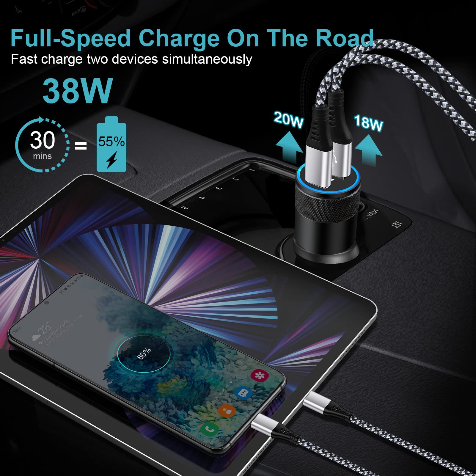 Super Fast USB C Charger 30W for Samsung Galaxy S22 Ultra/S21 FE/S20/A Series, iPad, Pixel 6 - Type C Car Charger with USB C to C Cable - Fast Charging Block for Home, Office & Travel