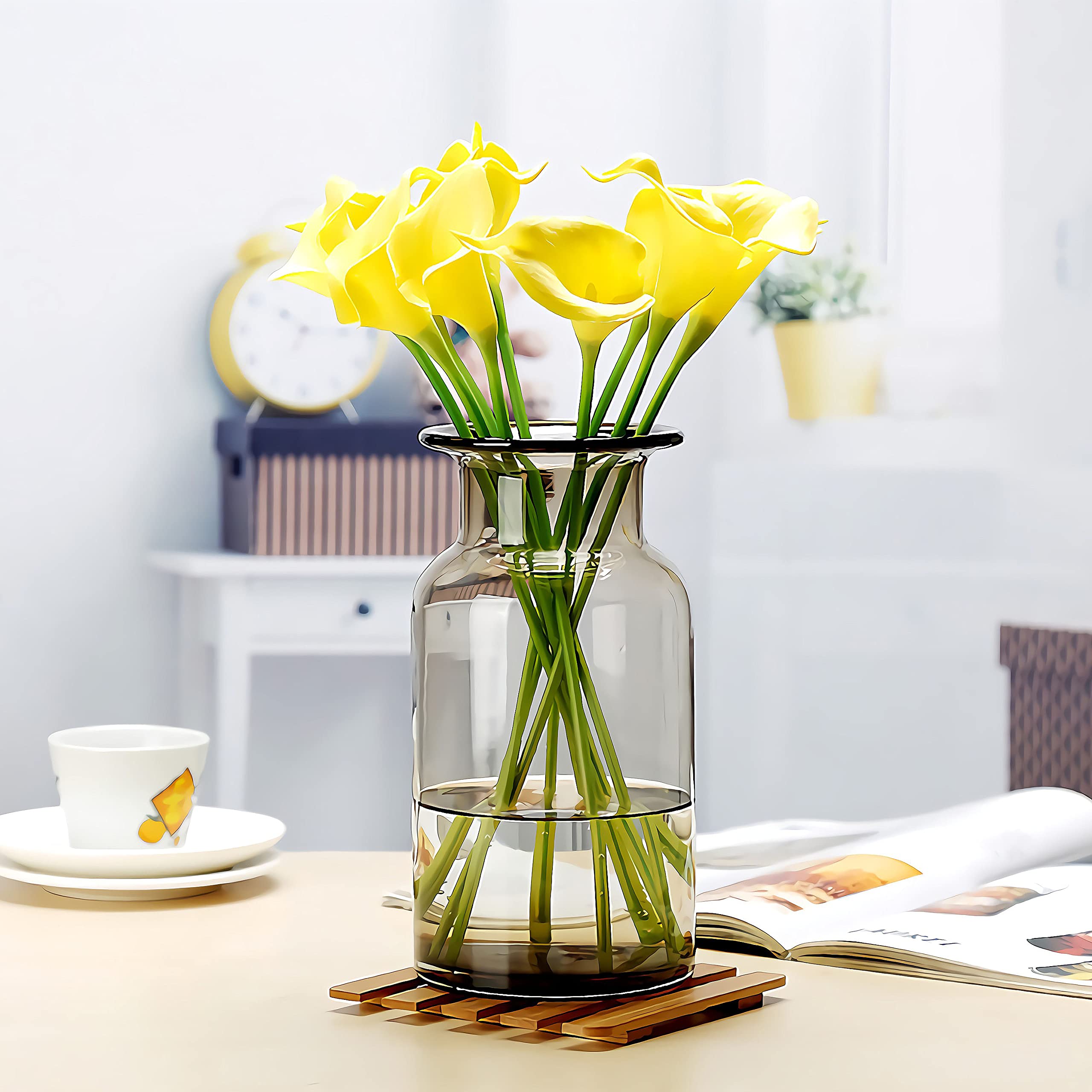 Amber Bud Vase Cylinder Glass Vase for Home Decor - Elegant Farmhouse Tabletop Centerpiece for Weddings, Dining Tables & Floral Arrangements