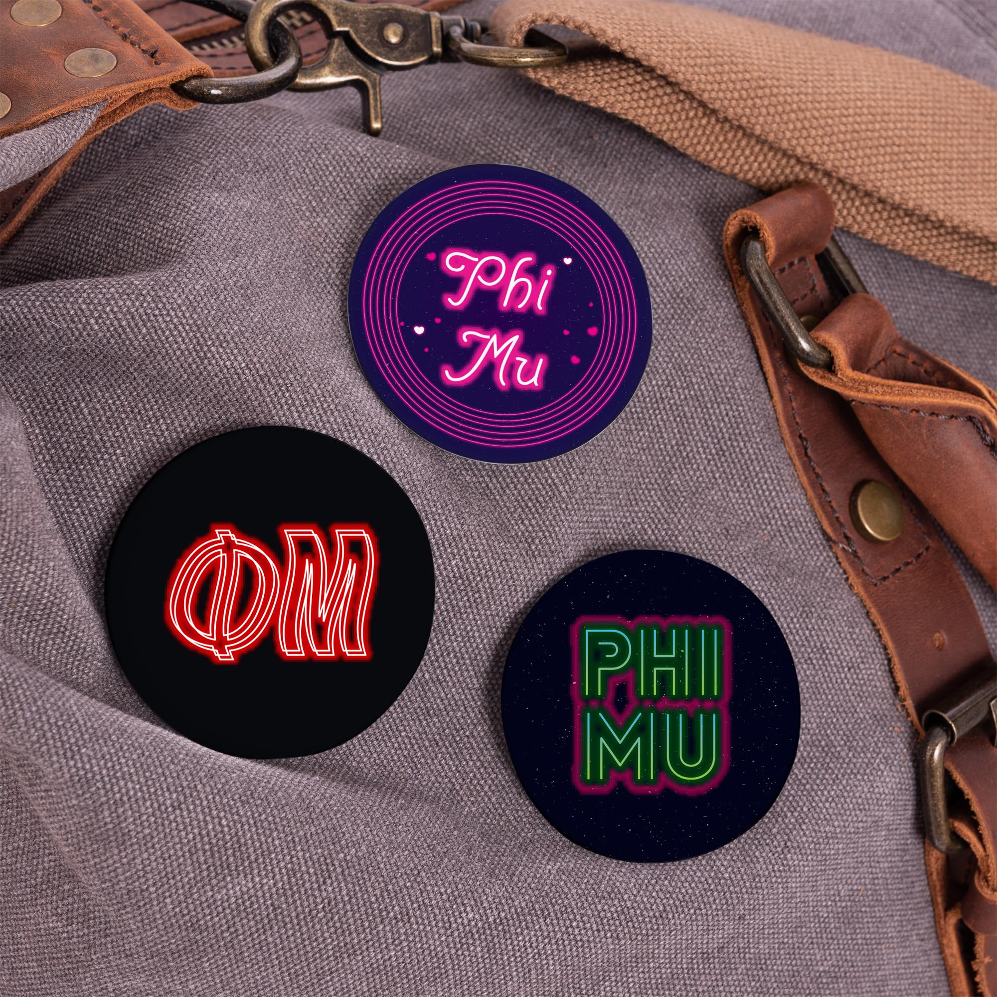 Phi Mu Sorority Cactus Pin Set - 3 Piece Variety Badge Collection with 2.25 Inch Neon Buttons - Perfect for Greek Life, Backpacks & Sorority Events