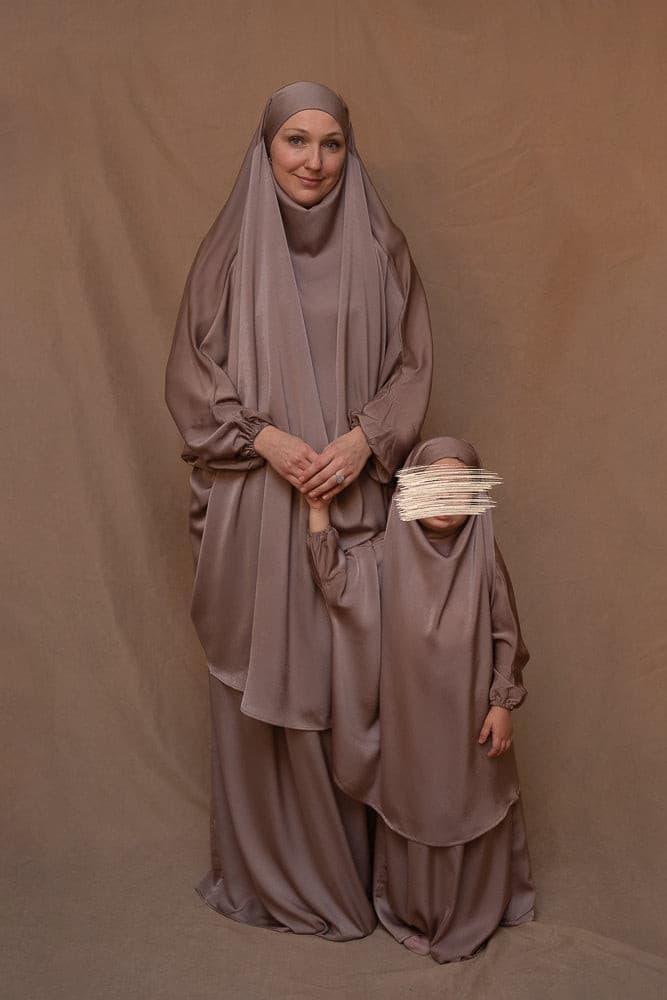 Kids Coffee Satin Prayer Dress with Adjustable Khimar - Islamic Prayer Outfit for Girls - Perfect for Eid, Ramadan & Mosque