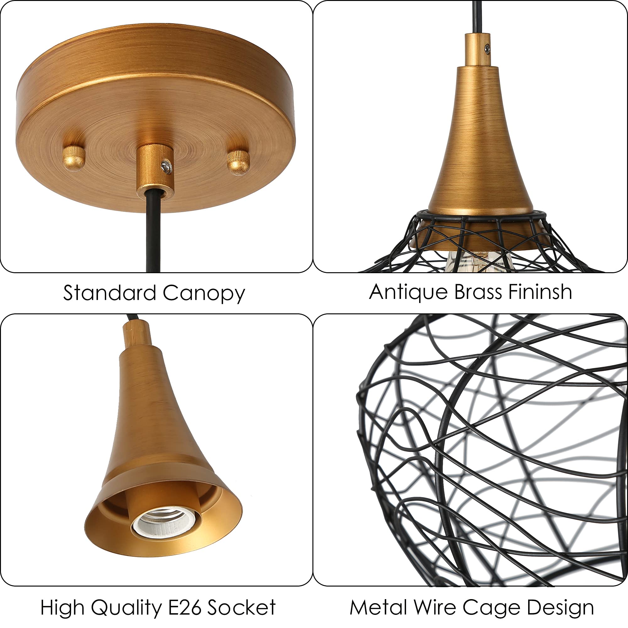 Modern Industrial Pendant Light - Antique Gold & Black Metal Wire Cage Lighting Fixture for Kitchen Island, Dining Room, Foyer & Bedroom | Durent Lighting Brass Ceiling Lamp for Farmhouse, Loft & Restaurant Decor