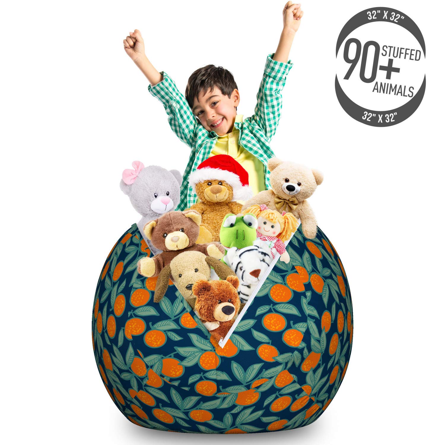 Ambesonne Orange and Blue Storage Toy Bag Chair - Large Washable Stuffed Animal Organizer with Citrus Leaf Design in Dark Teal & Burnt Orange | Perfect for Kids' Room, Playroom, and Toy Organization