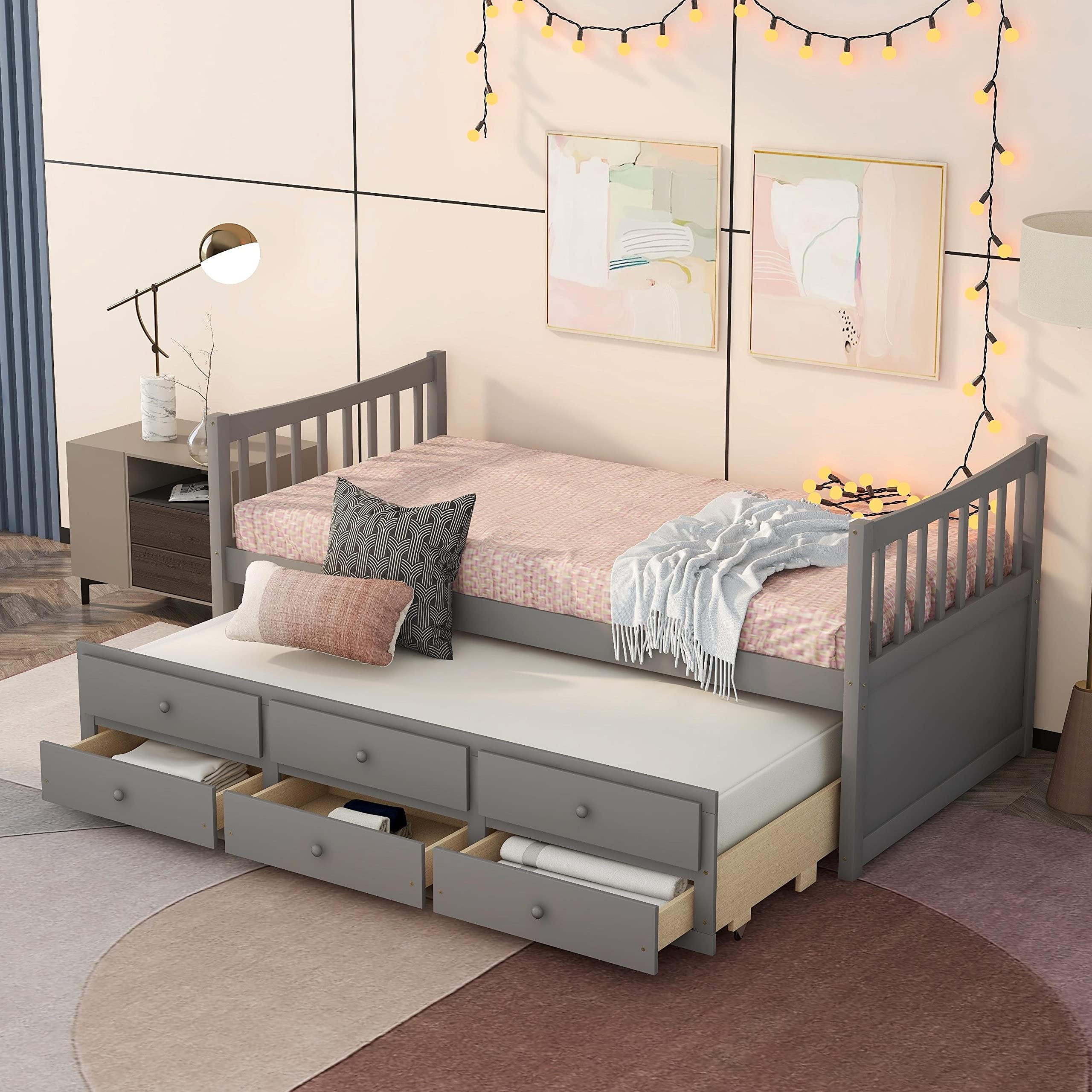Harper & Bright Designs Twin Captain’s Bed with Storage Drawers & Trundle - Solid Wood Daybed for Kids & Guest Room, Gray - Perfect for Small Spaces & Sleepovers