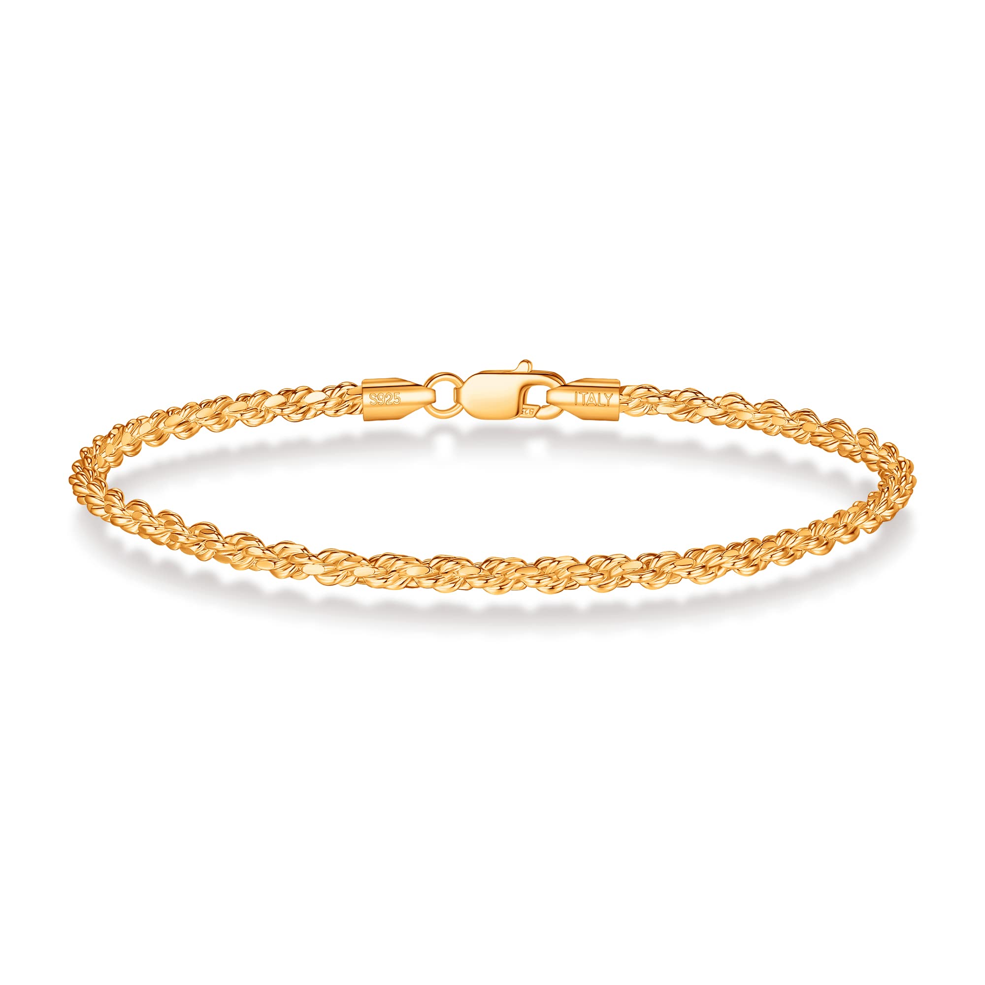 BRIJEWNES 925 Sterling Silver Clasp 2mm 2.5mm 3mm Gold & Silver Rope Chain Bracelet for Men & Women - Solid Diamond Cut Rope Chain Jewelry - Perfect for Everyday Wear, Gifts & Special Occasions