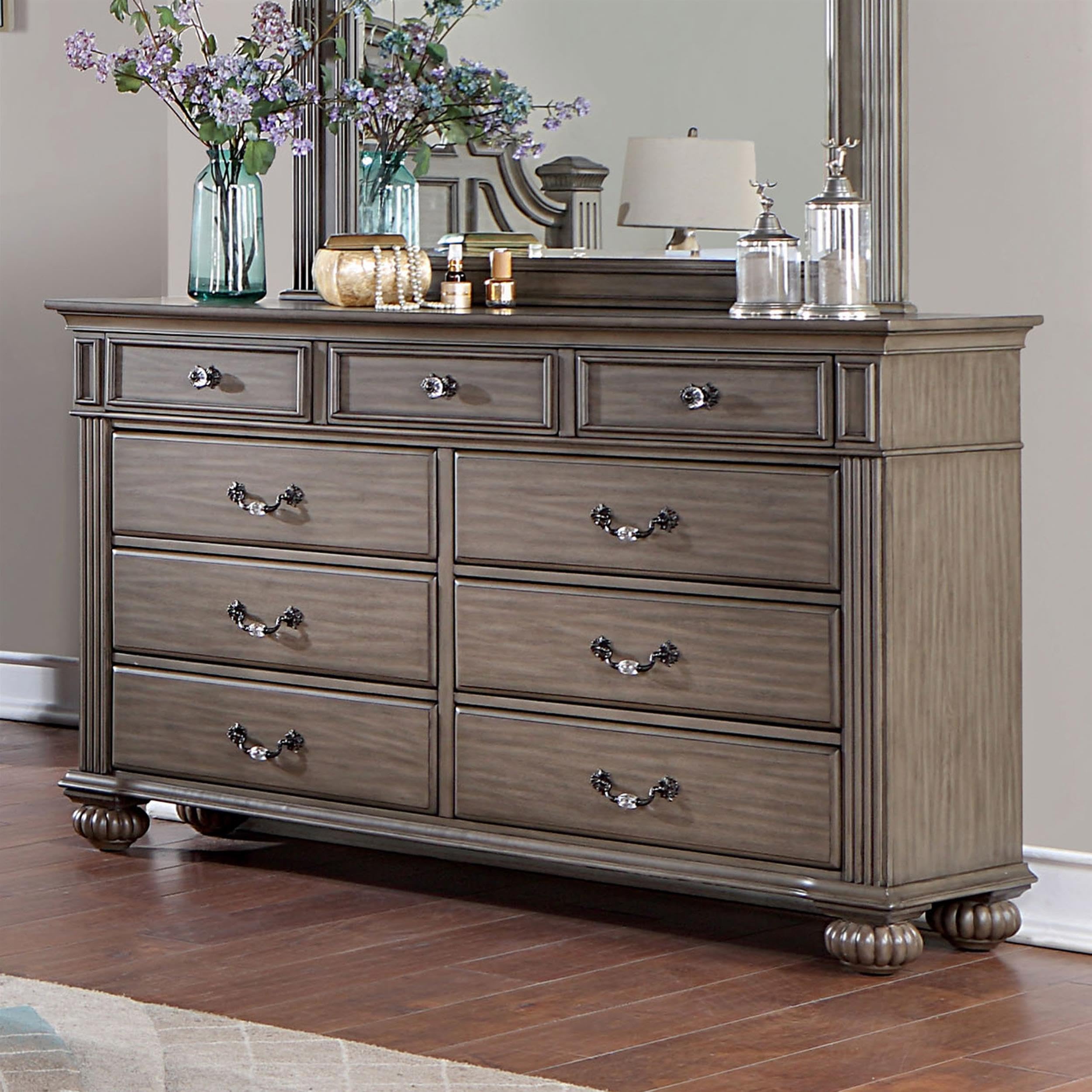 Furniture of America Damos Solid Wood 9-Drawer Dresser in Gray - Stylish Bedroom Storage for Clothes, Linens & Accessories - Perfect for Master Bedroom, Guest Room or Nursery Organization