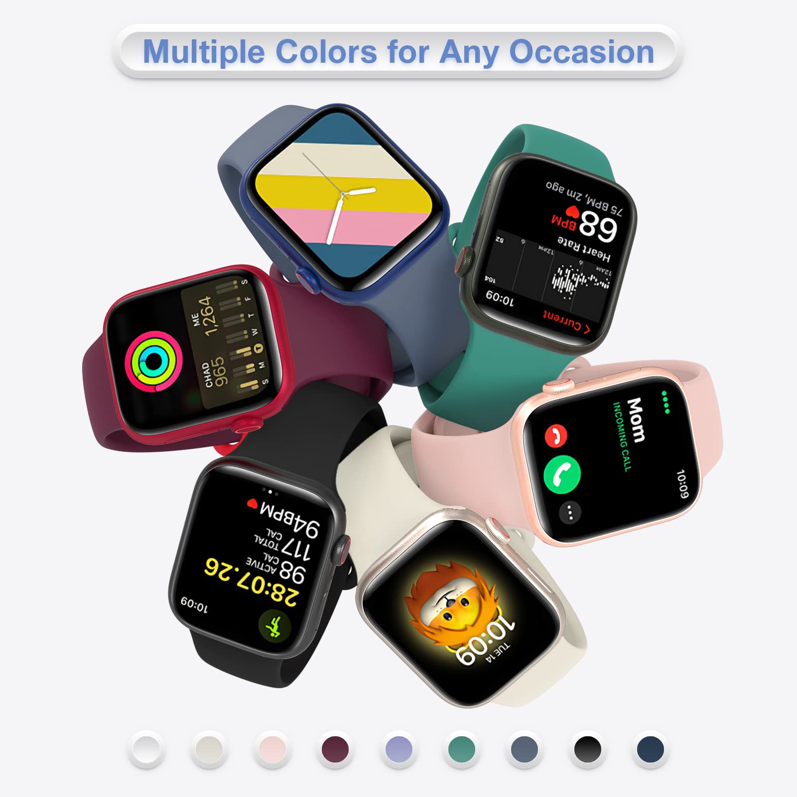 BRG 4 Pack Soft Silicone Sport Bands for Apple Watch Series 9/8/7/6/5/4/3/2/1/SE, Ultra/Ultra 2 (38mm 40mm 41mm 42mm 44mm 45mm 49mm) - Comfortable Replacement Strap for Men & Women - Perfect for Workouts, Running & Everyday Wear
