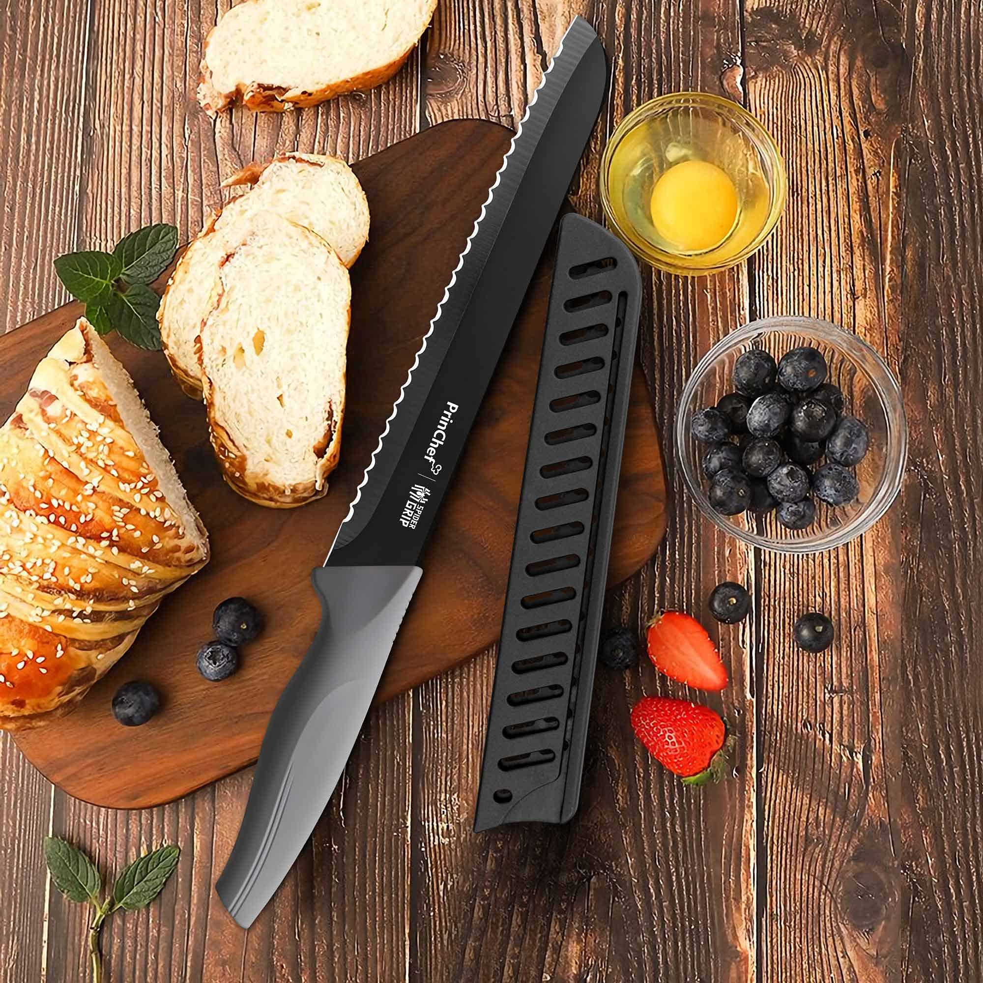 PrinChef 8 Inch Serrated Bread Knife with Sheath - Stainless Steel Anti Rust & Nonstick Blade - Perfect for Hard Crusty Bread, Homemade Loaves, Baguettes & Pastries - Ideal for Bakeries, Home Kitchens & Professional Chefs