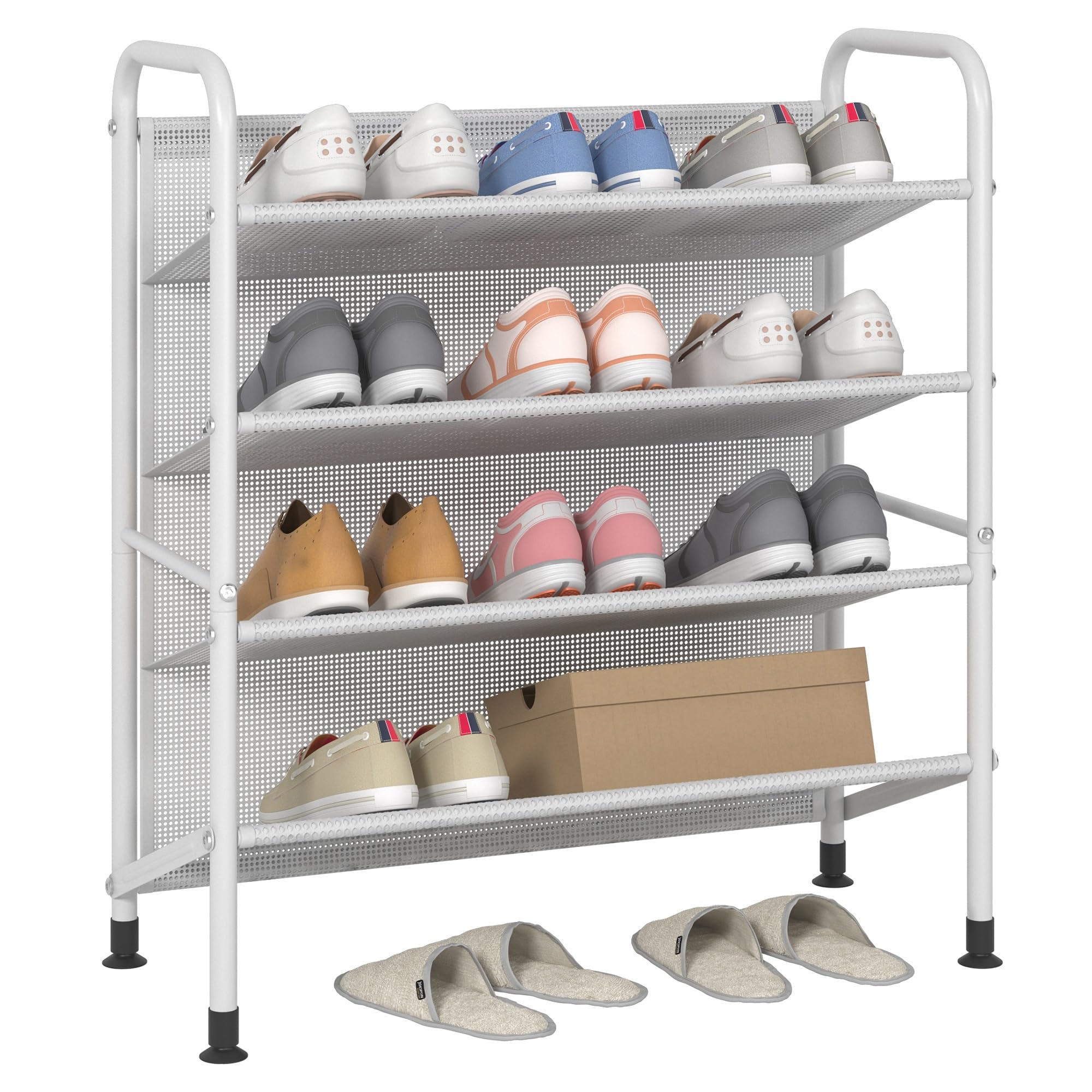 4-Tier Metal Shoe Rack Organizer - Space Saving Narrow Shoe Shelf for Closet, Entryway, Hallway & Dorm Room - Durable Mesh Fabric Design (White) - Perfect for Small Spaces & Apartment Living
