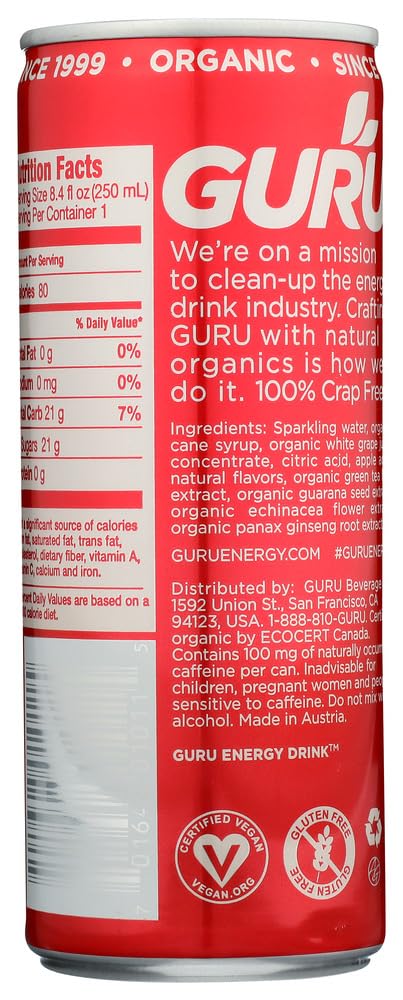 Guru Natural Energy Drink - Original Flavor - 8.4 fl.oz (Pack of 30) - Boost Energy & Focus for Workouts, Study & Daily Activities