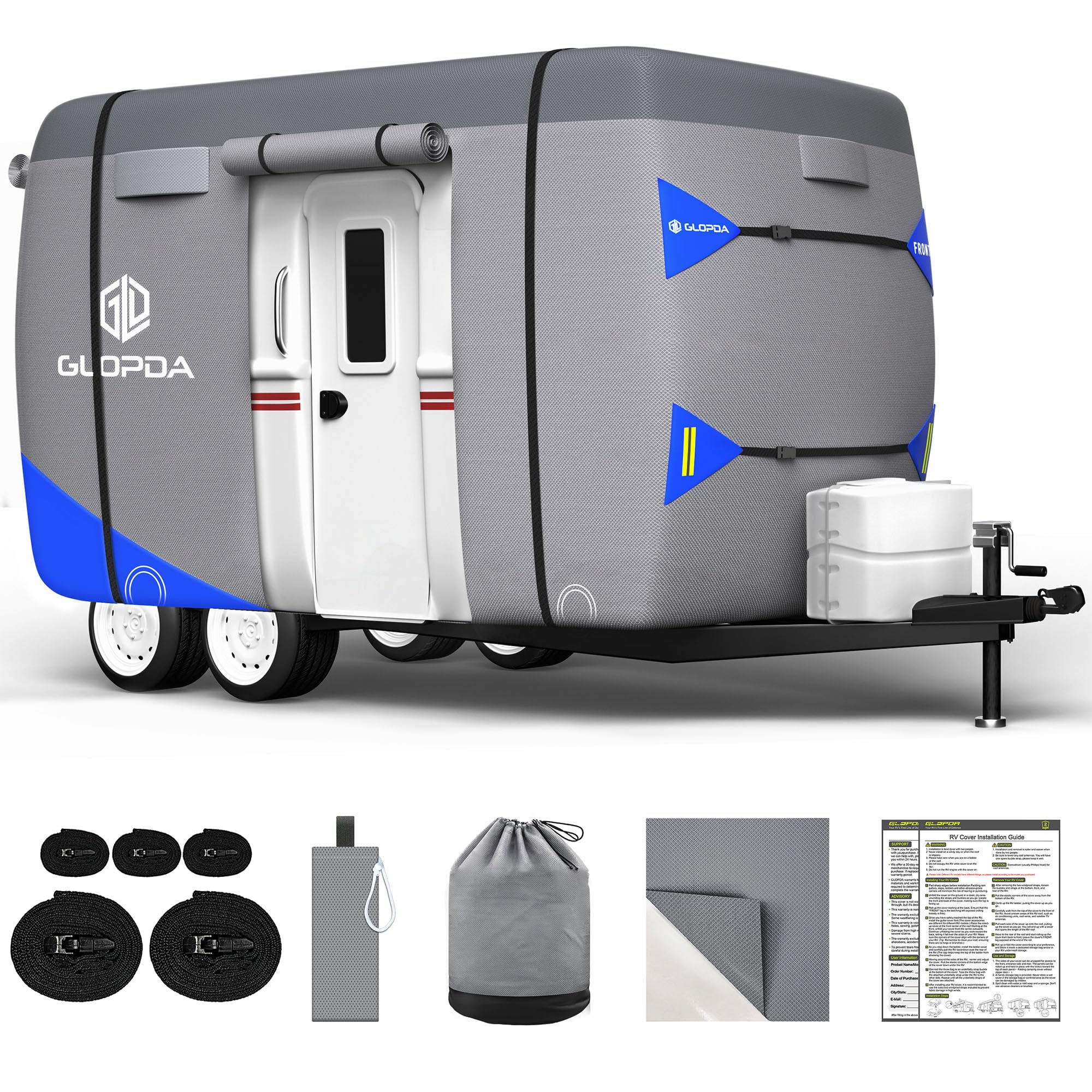 13'-16' Fiberglass Travel Trailer Cover - 7-Layer Waterproof, Anti-Tear RV Camper Cover with Windproof Straps & Repair Patches | Perfect for Outdoor Storage, Winter Protection & Travel