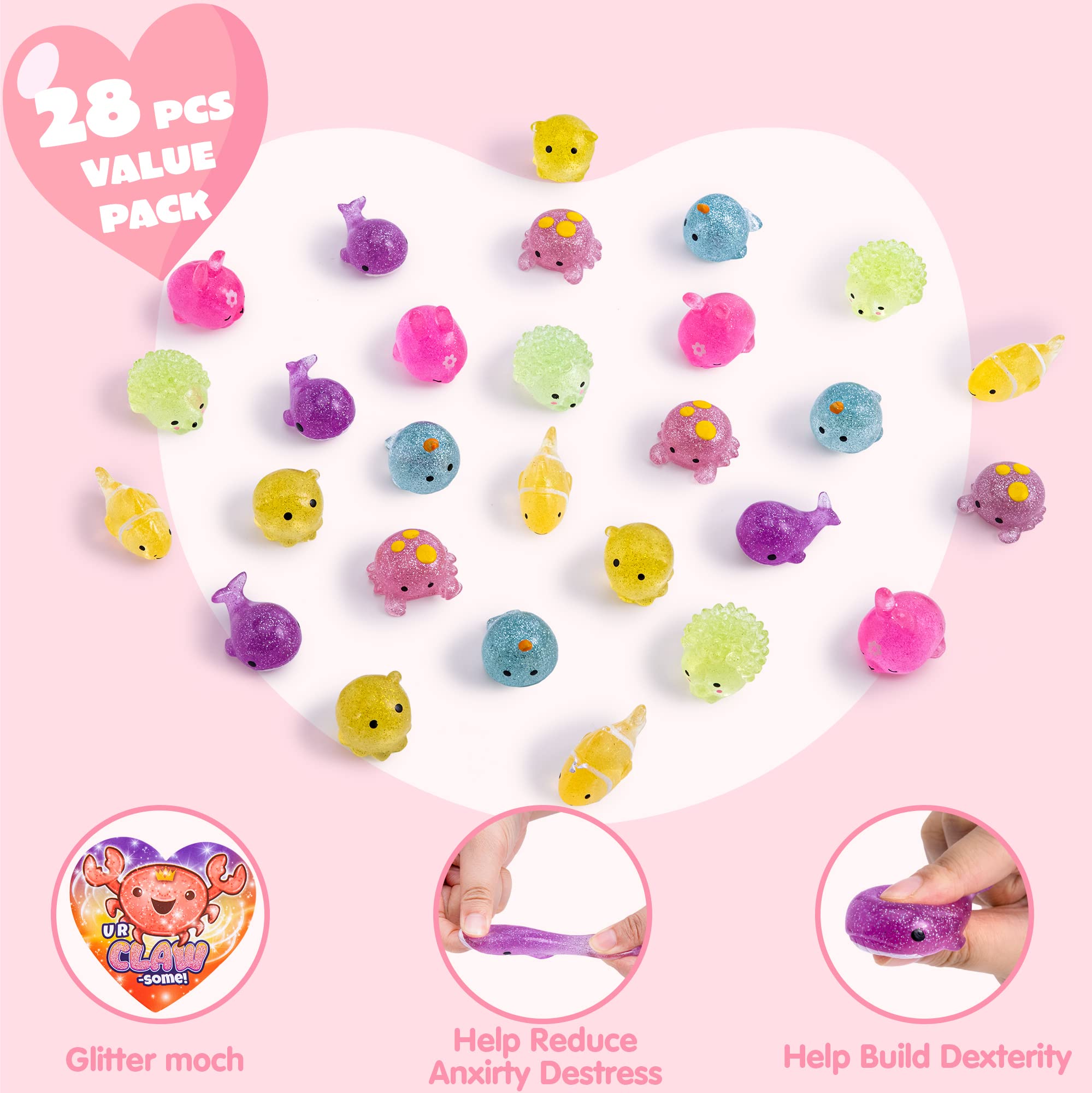 JOYIN 28 Pcs Glitter Mochi Squishy Toys - Cute Sea Animal Stress Relief Fidget Toys for Kids, Party Favors & Classroom Prizes | Sensory Play, Anxiety Relief & Fun Exchange Gifts