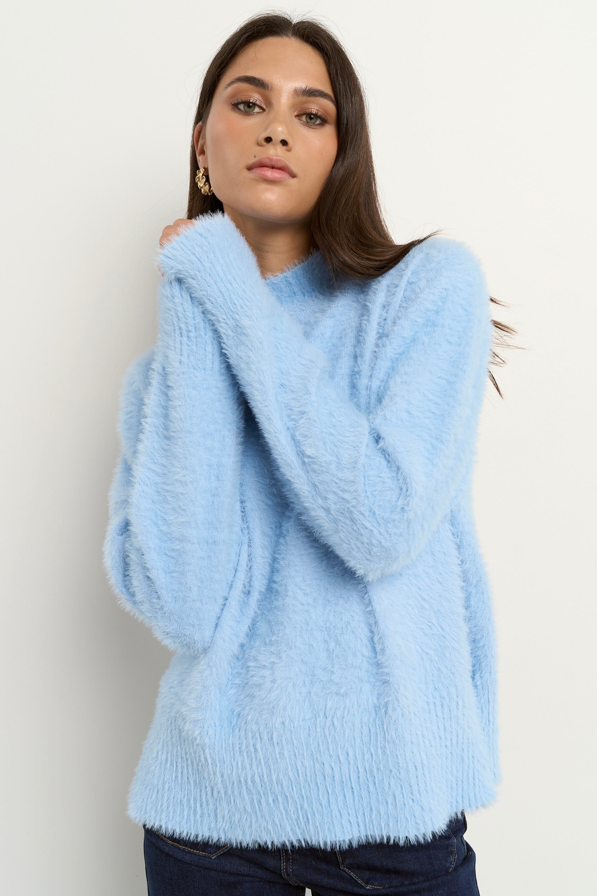 Ice Blue Funnel Neck Sweater for Women - Soft Knit Pullover Winter Jumper - Cozy Casual Wear for Office, Date Night & Holiday Outfits