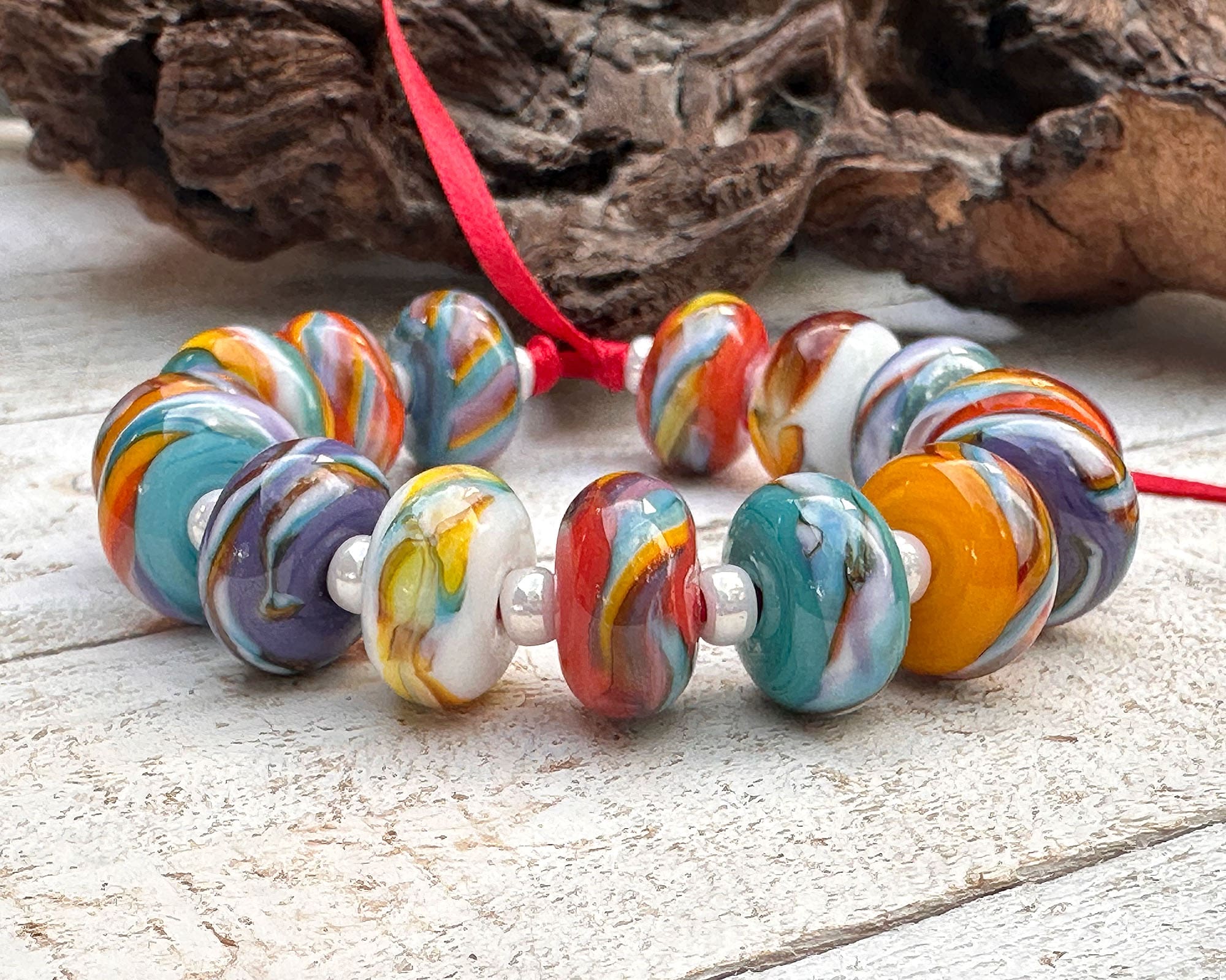 15 Retro Rainbow Swirl Lampwork Glass Beads Set for Jewelry Making - DIY Bracelets, Necklaces & Craft Projects - SRA Certified Artisan Beads